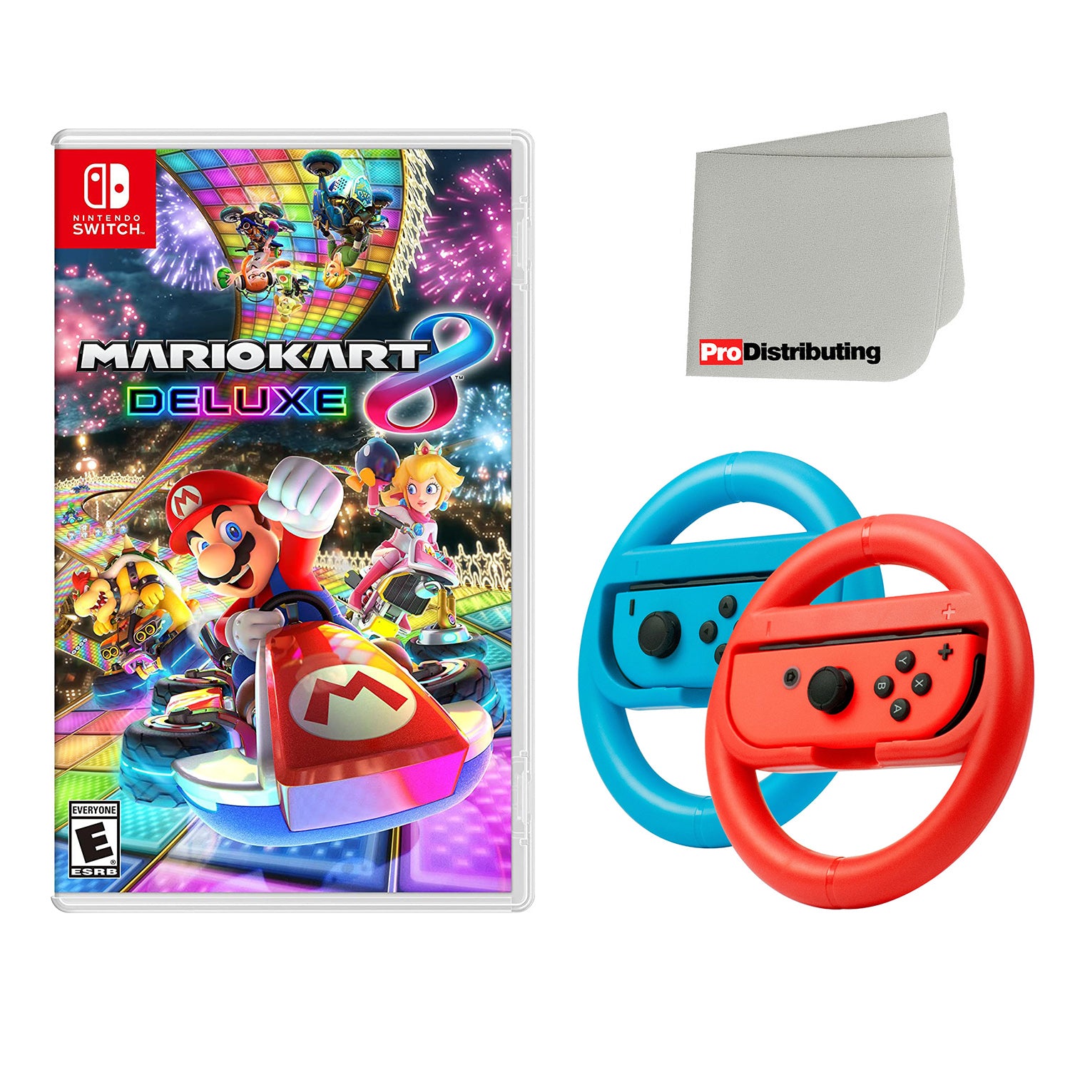 Mario Kart 8 Deluxe for Nintendo Switch Consoles with Joy-Con Steering Wheel Set and Screen Cleaning Cloth - Pro-Distributing
