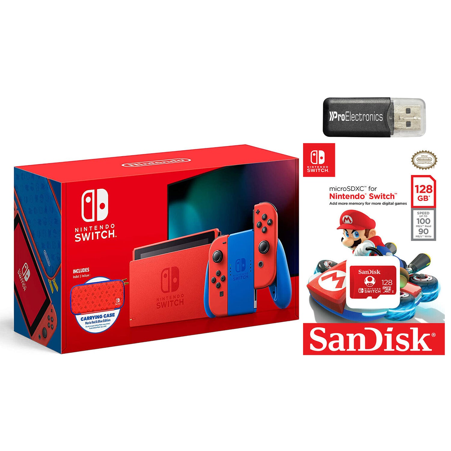 Nintendo Switch MARIO RED & BLUE with Sandisk 128GB MicroSD Card and MicroSD Card Reader Bundle - Pro-Distributing