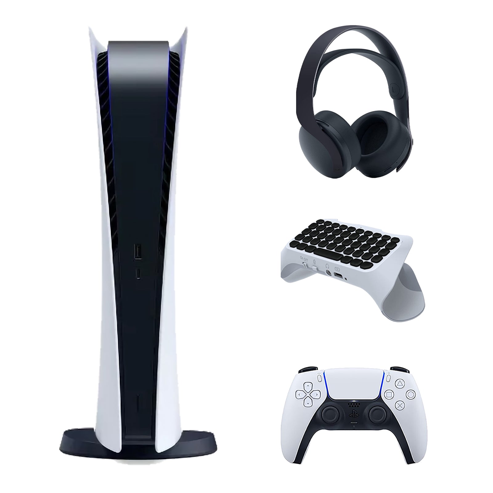 Sony Playstation 5 Digital Edition Console with Black PULSE 3D Wireless Gaming Headset and Surge QuickType 2.0 Wireless PS5 Controller Keypad - Pro-Distributing