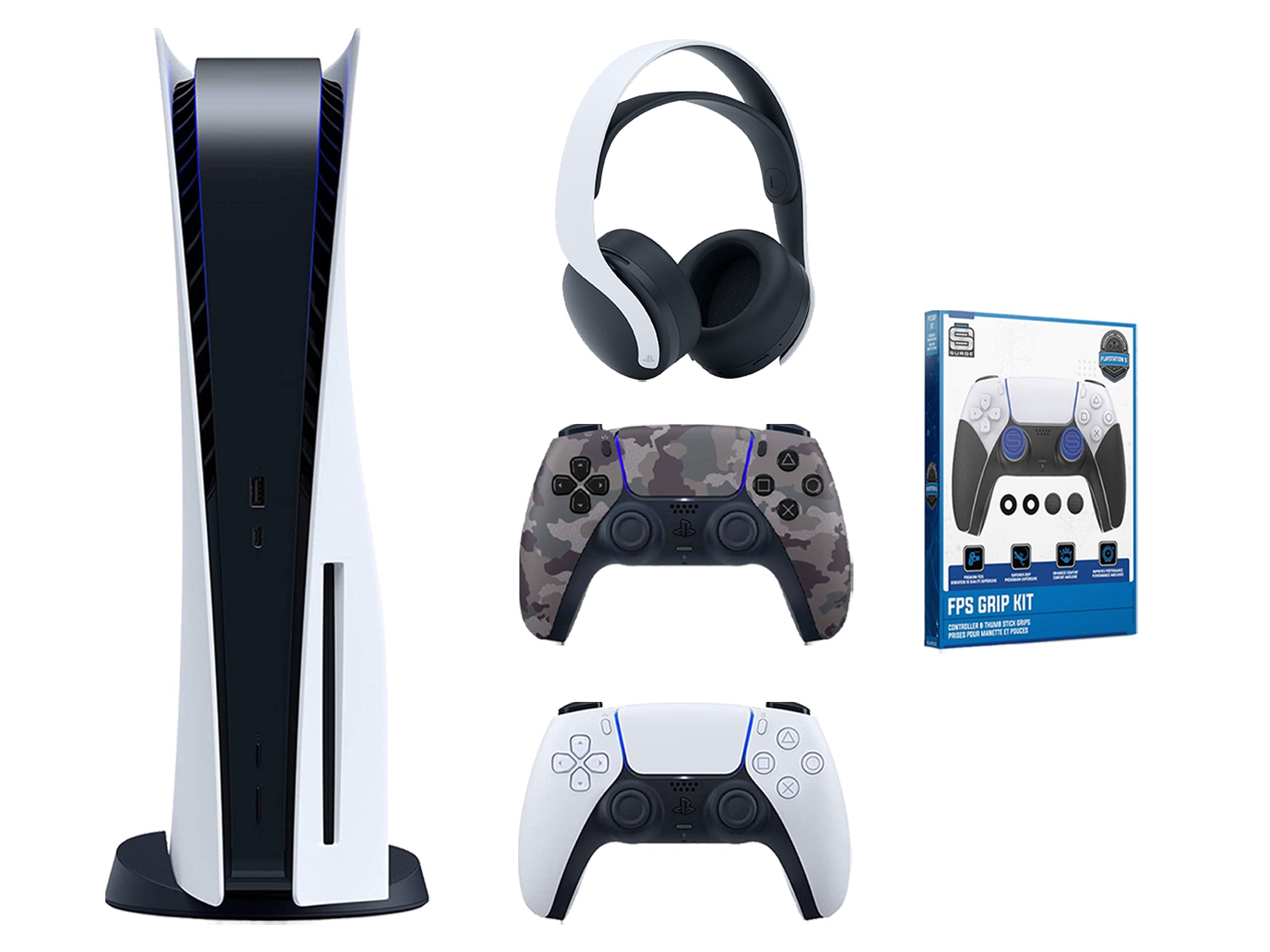 Sony Playstation 5 Disc Edition Bundle with Extra Gray Camo Controller, White PULSE 3D Wireless Headset and FPS Grip Kit - Pro-Distributing