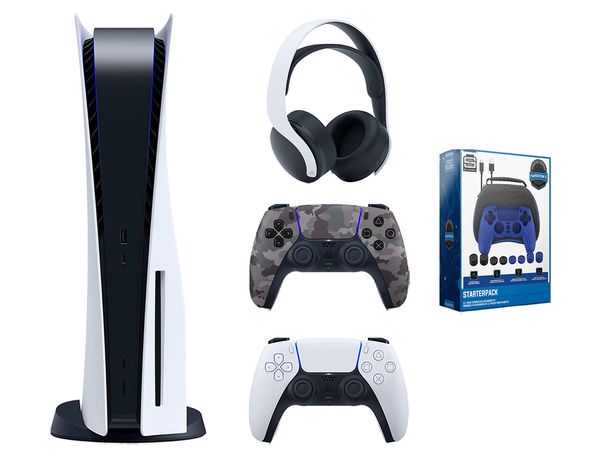 Sony Playstation 5 Disc Edition Bundle with Extra Gray Camo Controller, White PULSE 3D Wireless Headset and Gamer Starter Pack - Pro-Distributing