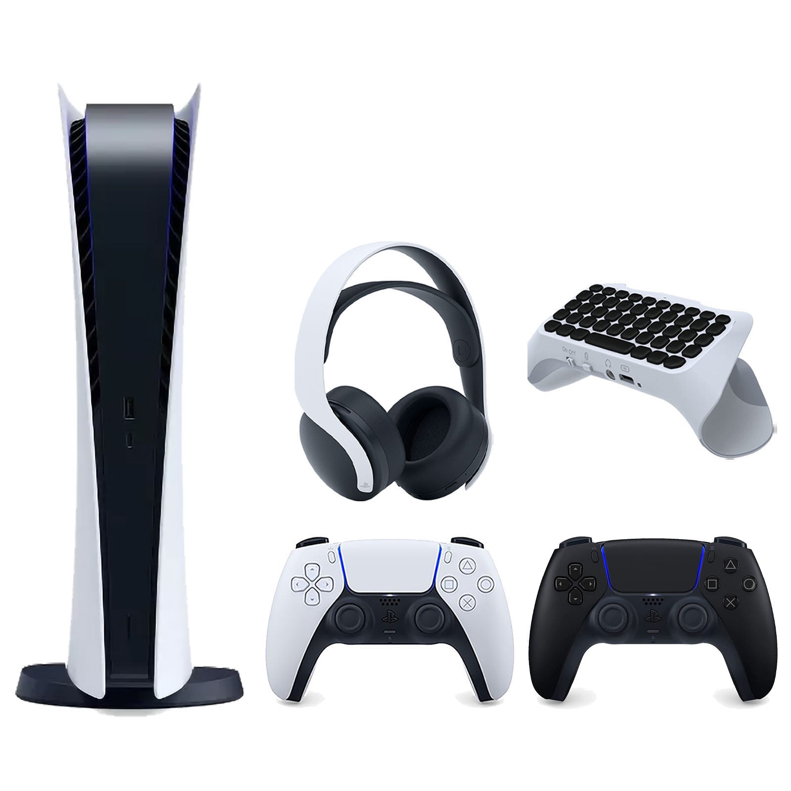Sony Playstation 5 Digital Edition Console with Extra Black Controller, White PULSE 3D Headset and Surge QuickType 2.0 Wireless PS5 Controller Keypad Bundle - Pro-Distributing