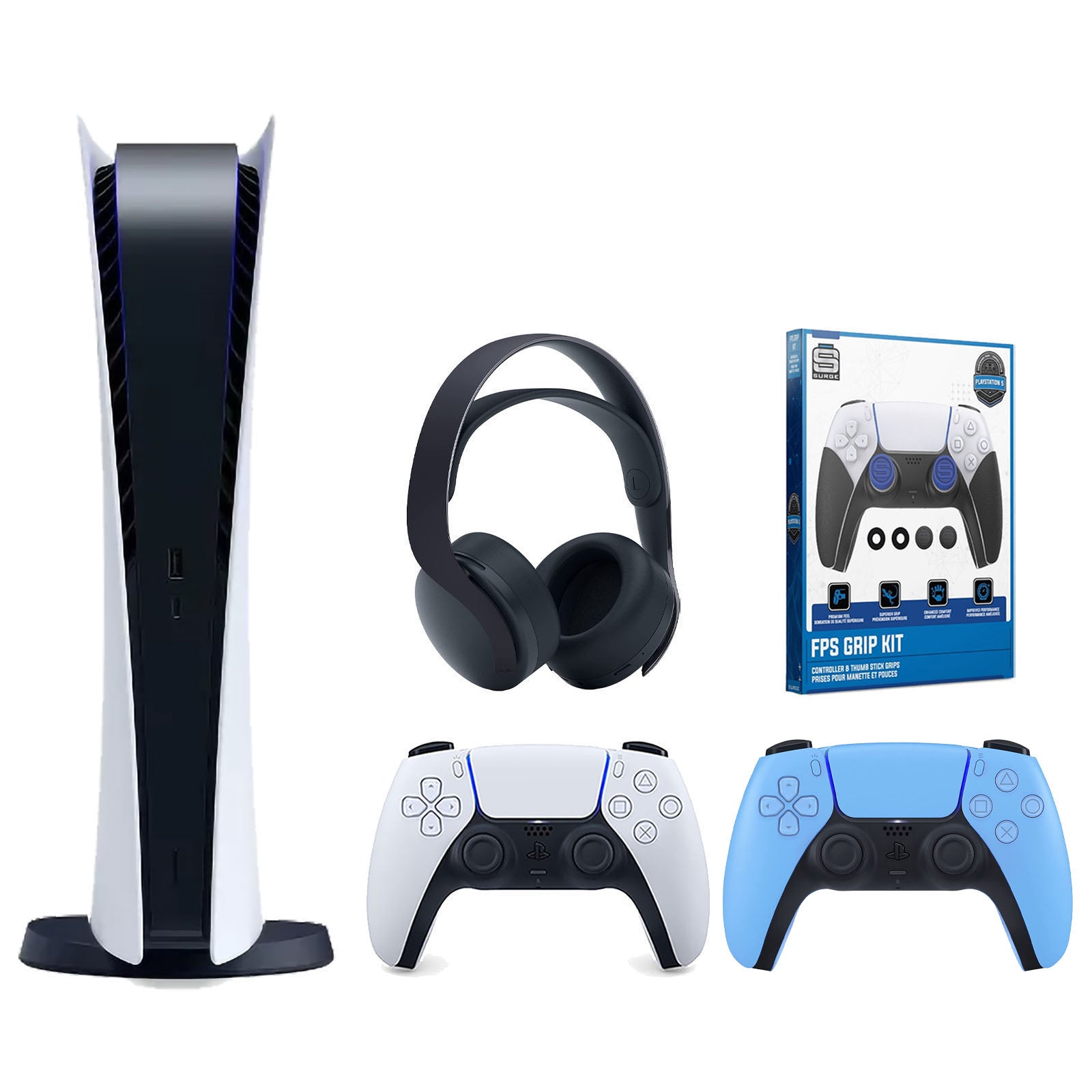 Sony Playstation 5 Digital Edition Console with Extra Blue Controller, Black PULSE 3D Headset and Surge FPS Grip Kit With Precision Aiming Rings Bundle - Pro-Distributing