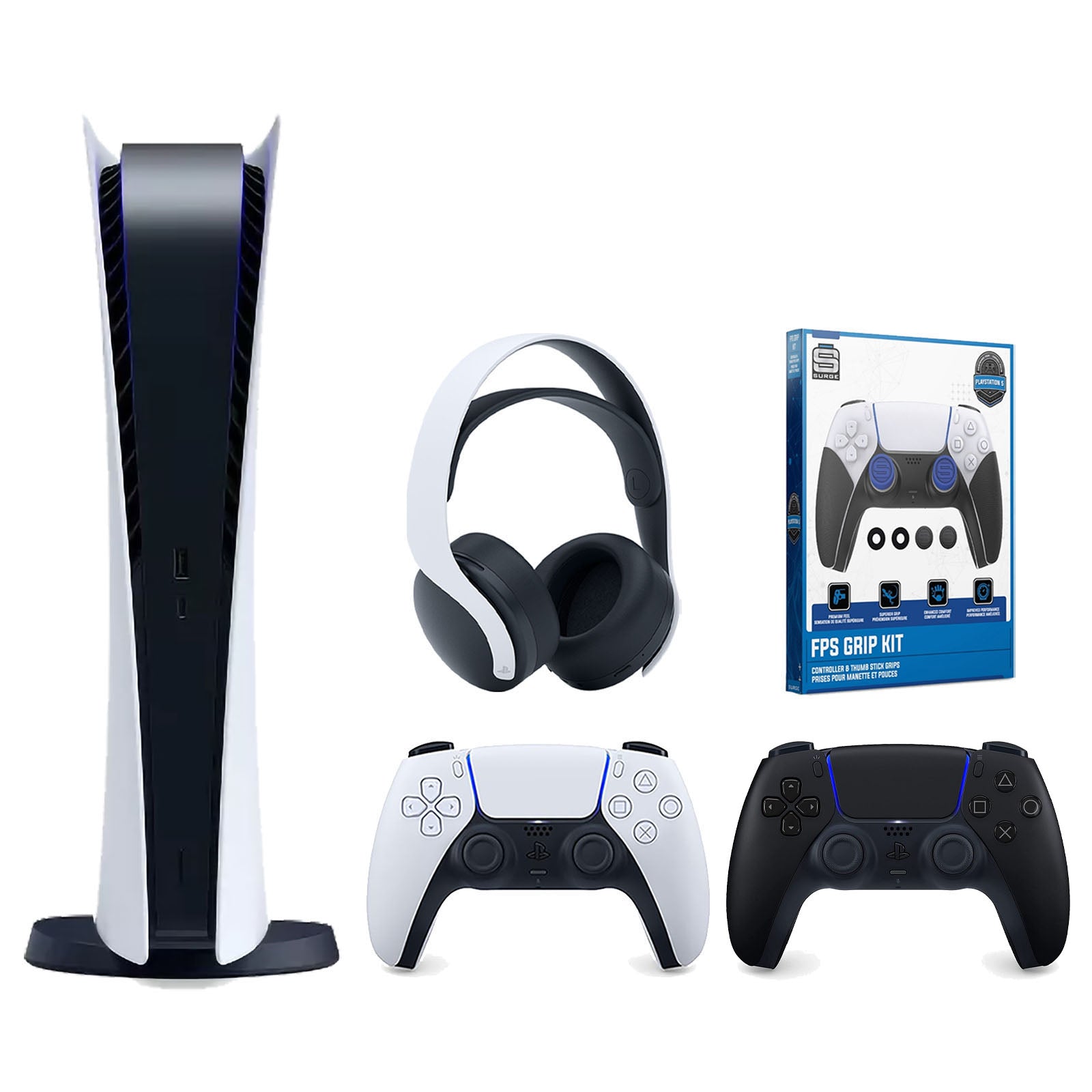Sony Playstation 5 Digital Edition Console with Extra Black Controller, White PULSE 3D Headset and Surge FPS Grip Kit With Precision Aiming Rings Bundle - Pro-Distributing