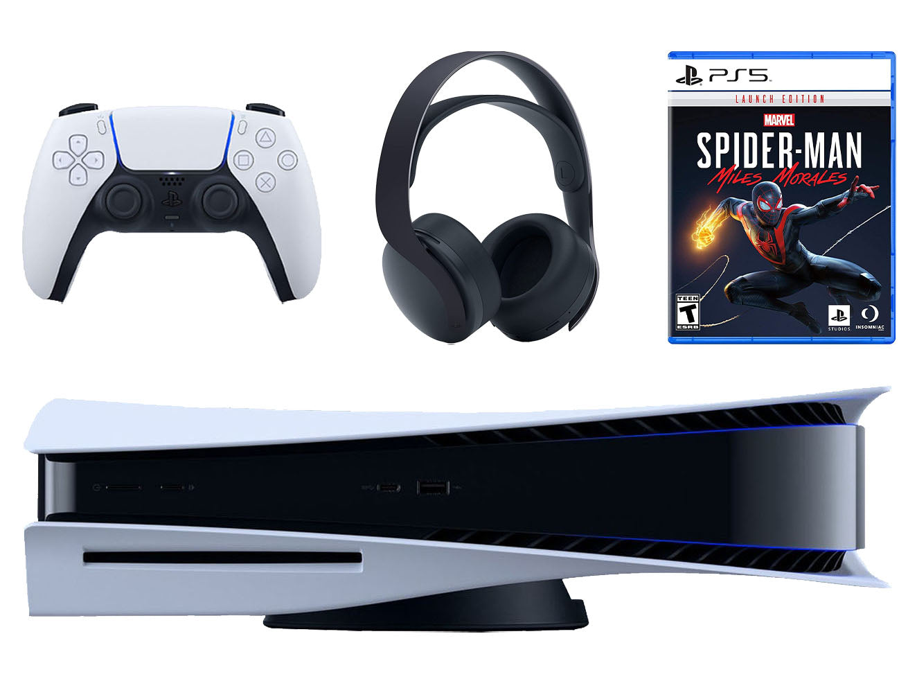 Sony Playstation 5 Digital Edition Console with Extra Blue Controller,  White PULSE 3D Headset and Surge Dual Controller Charge Dock Bundle