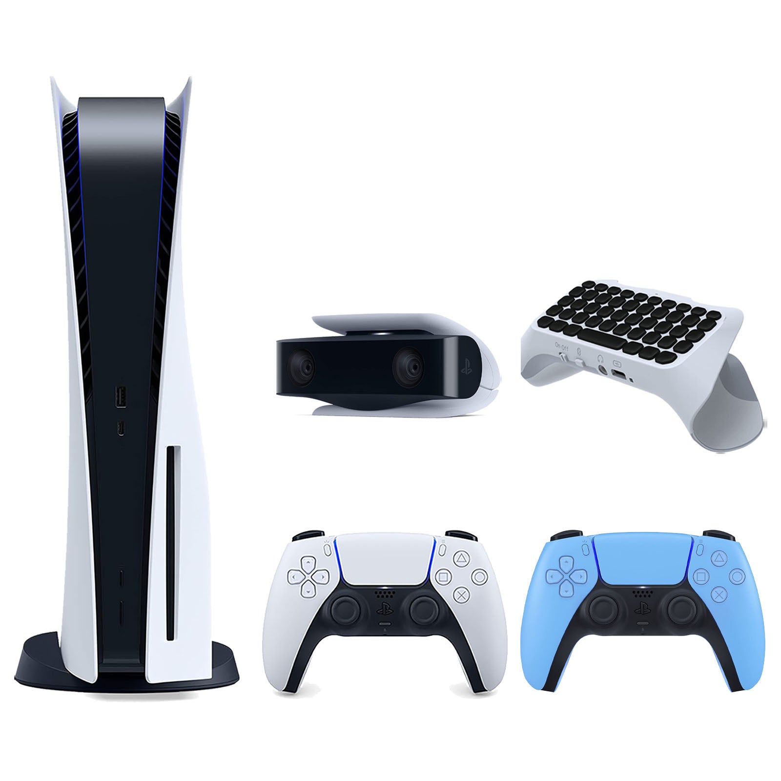 Sony Playstation 5 Disc Version Console with Extra Blue Controller, 1080p HD Camera and Surge QuickType 2.0 Wireless PS5 Controller Keypad Bundle - Pro-Distributing