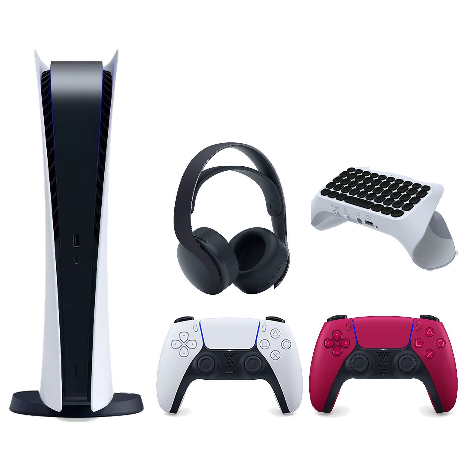 Sony Playstation 5 Digital Edition Console with Extra Red Controller, Black PULSE 3D Headset and Surge QuickType 2.0 Wireless PS5 Controller Keypad Bundle - Pro-Distributing