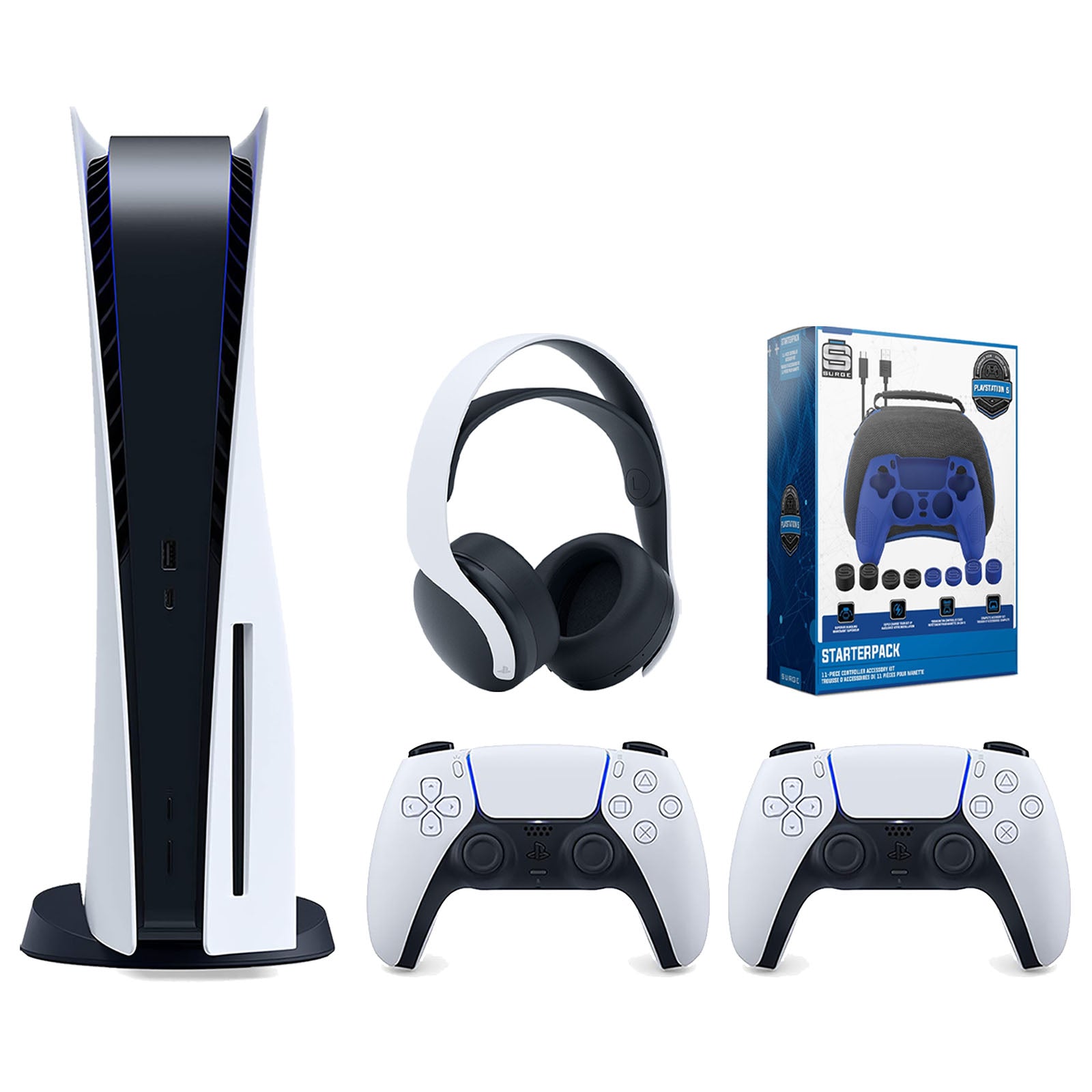 Sony Playstation 5 Disc Version Console with Extra White Controller, White PULSE 3D Headset and Surge Pro Gamer Starter Pack 11-Piece Accessory Bundle - Pro-Distributing