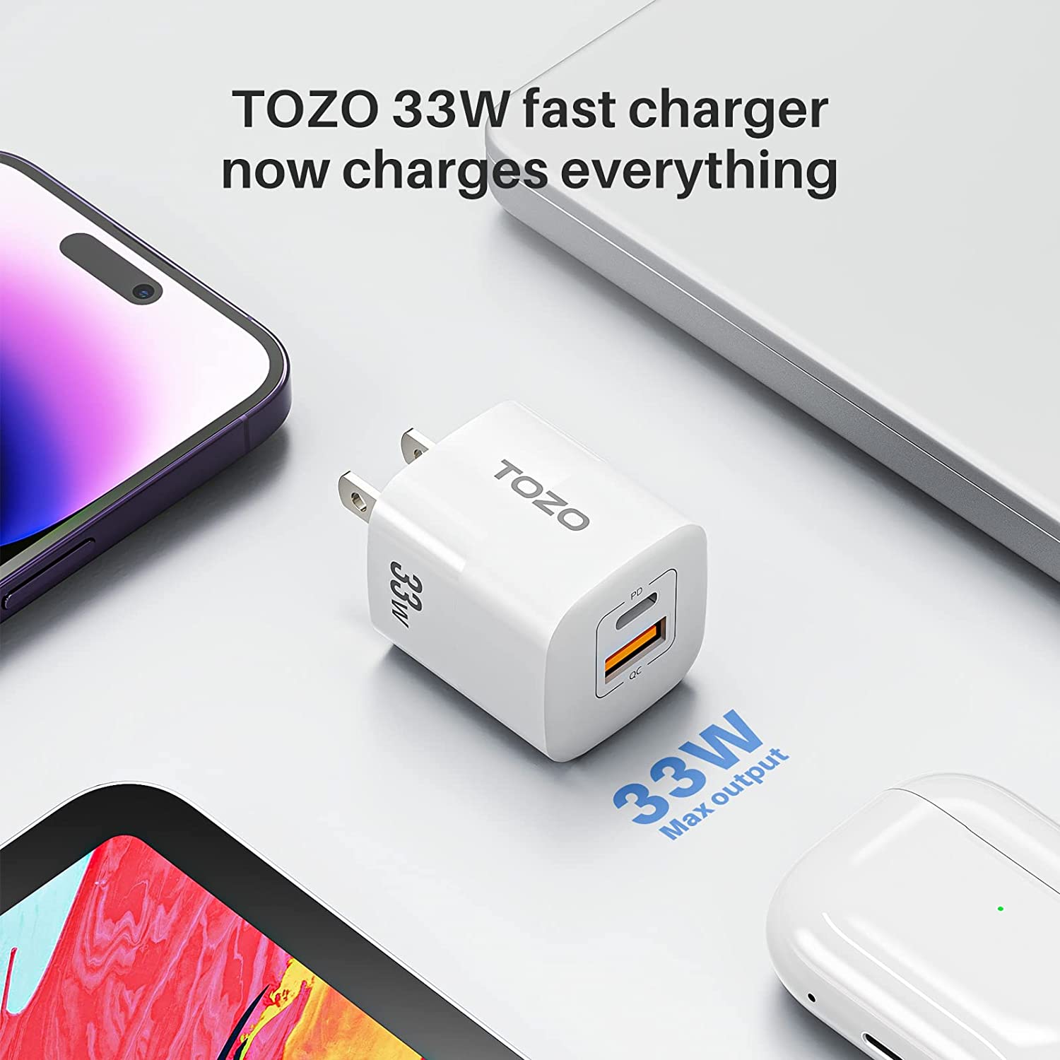 Tozo C3 33W GaN USB-C Dual Port PD and QC Compact Wall Charger Power Adapter - White - Pro-Distributing