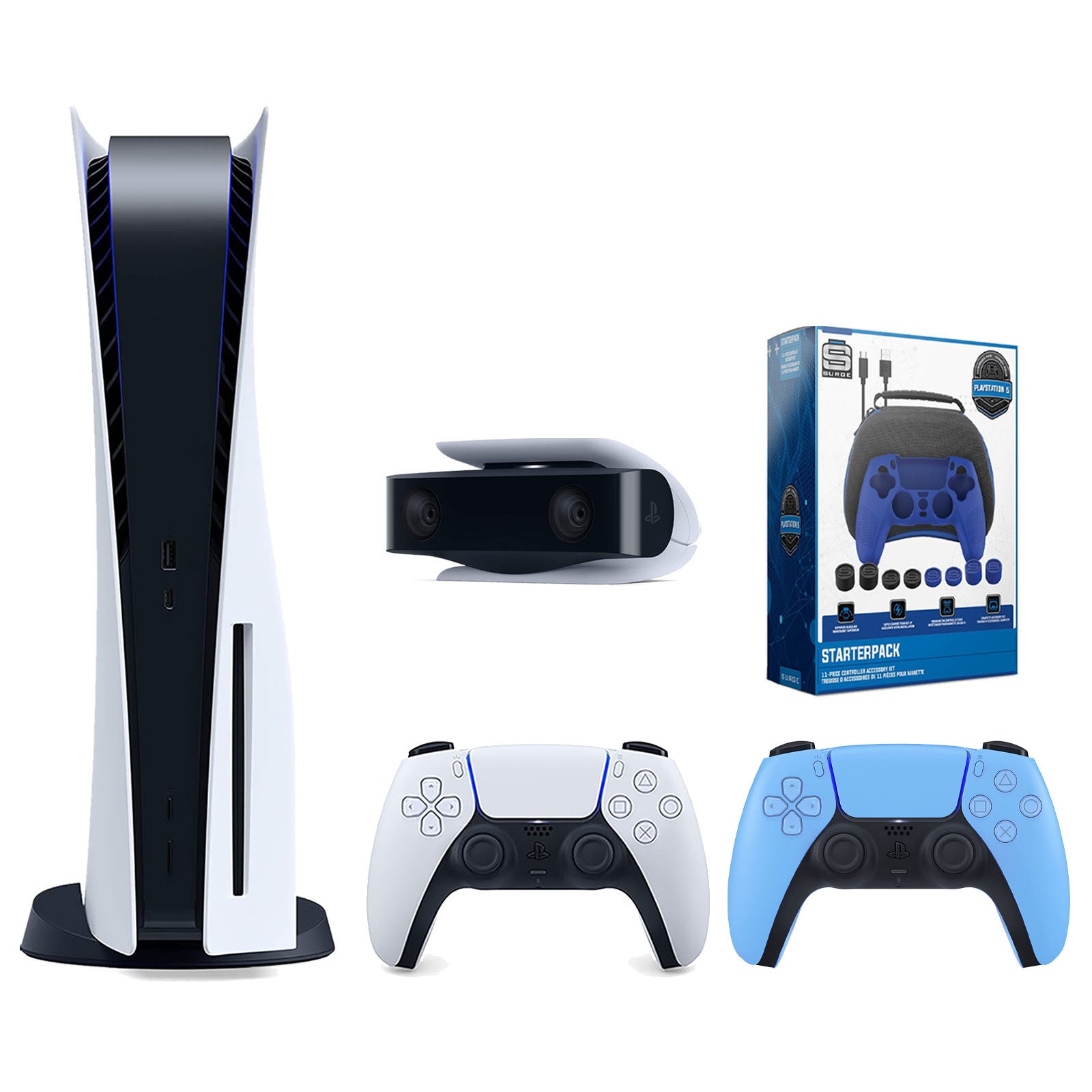 Sony Playstation 5 Disc Version Console with Extra Blue Controller, 1080p HD Camera and Surge Pro Gamer Starter Pack 11-Piece Accessory Bundle - Pro-Distributing