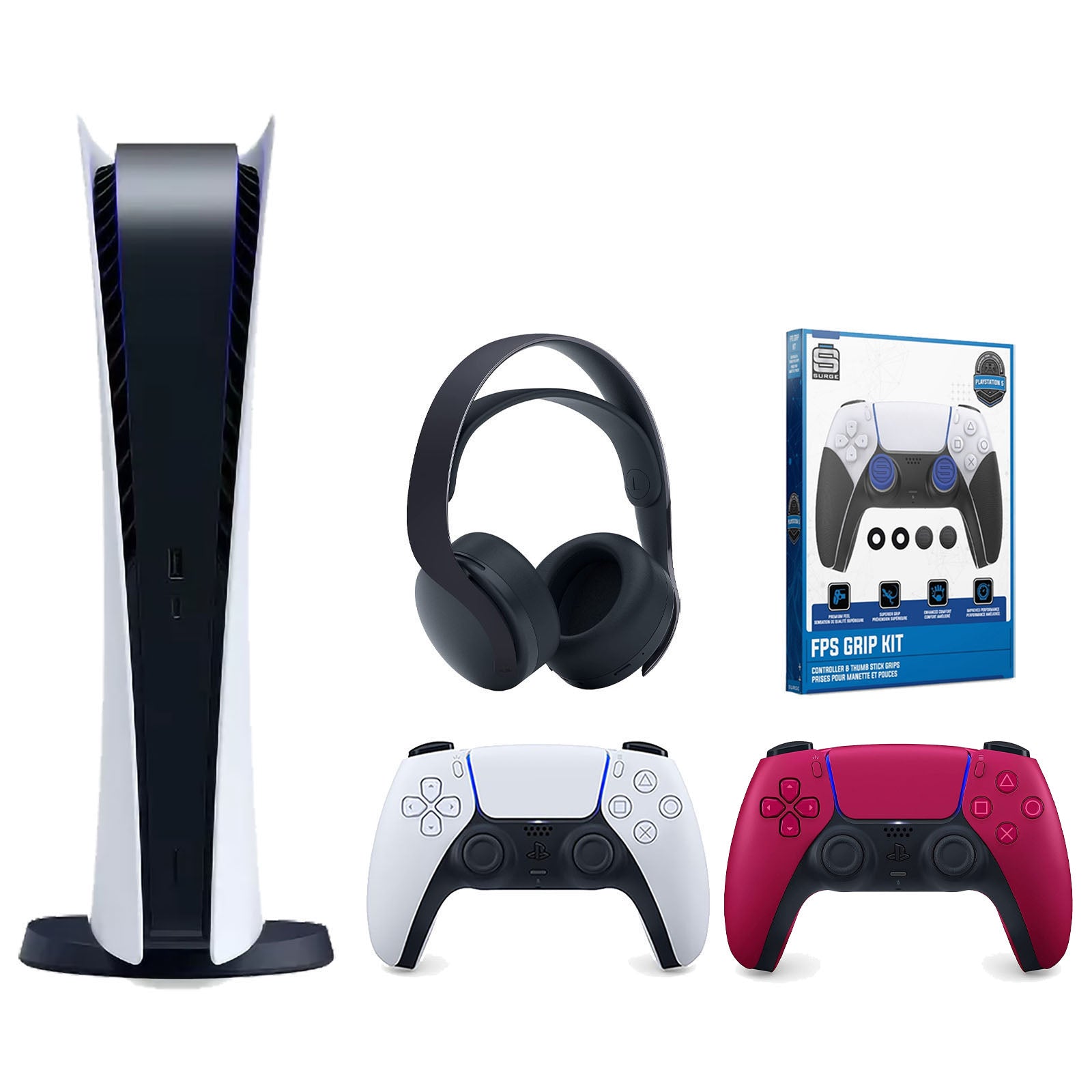 Sony Playstation 5 Digital Edition Console with Extra Red Controller, Black PULSE 3D Headset and Surge FPS Grip Kit With Precision Aiming Rings Bundle - Pro-Distributing