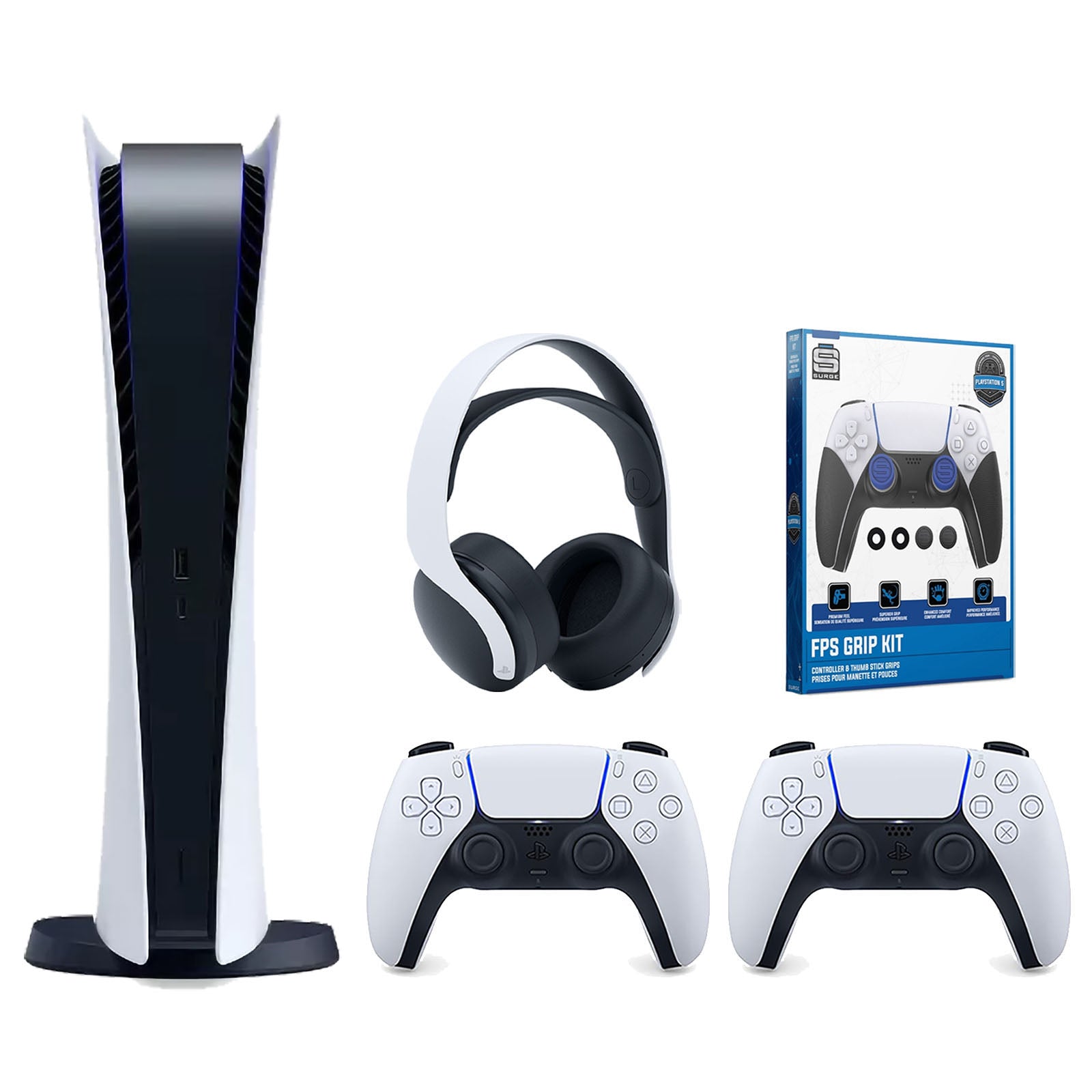Sony Playstation 5 Digital Edition Console with Extra White Controller, White PULSE 3D Headset and Surge FPS Grip Kit With Precision Aiming Rings Bundle - Pro-Distributing