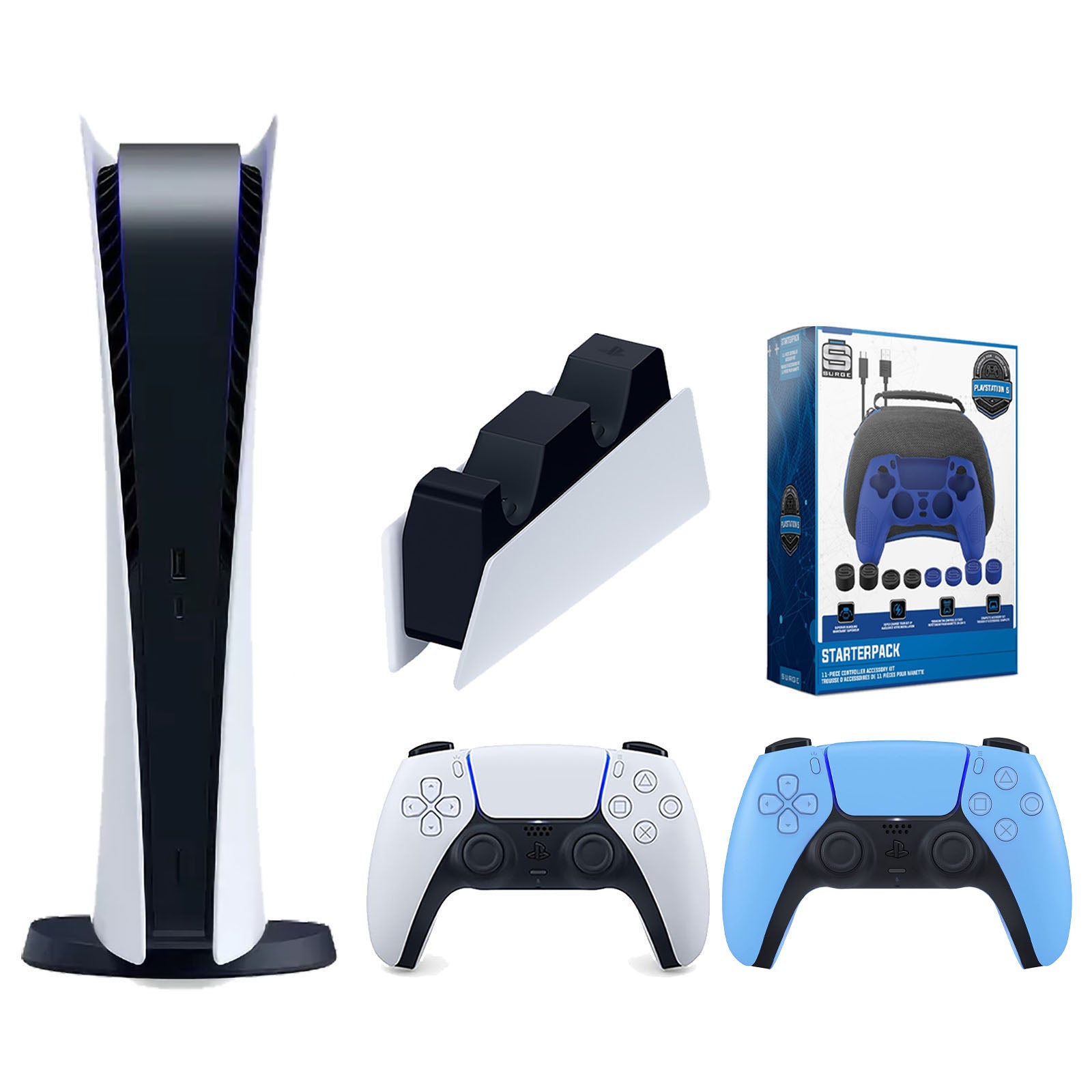 Sony Playstation 5 Digital Edition Console with Extra Blue Controller, DualSense Charging Station and Surge Pro Gamer Starter Pack 11-Piece Accessory Bundle - Pro-Distributing