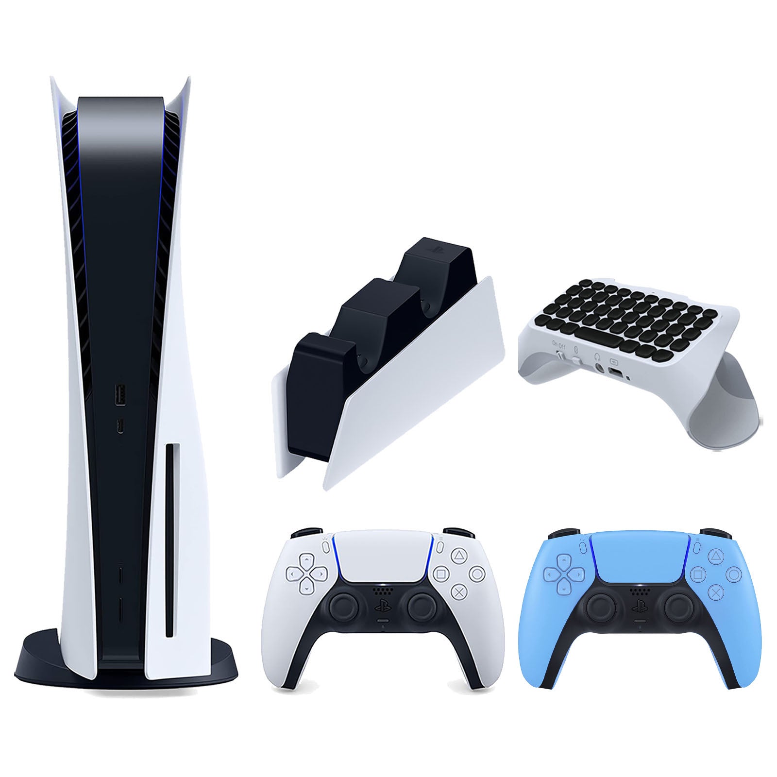 Sony Playstation 5 Disc Version Console with Extra Blue Controller, DualSense Charging Station and Surge QuickType 2.0 Wireless PS5 Controller Keypad Bundle - Pro-Distributing