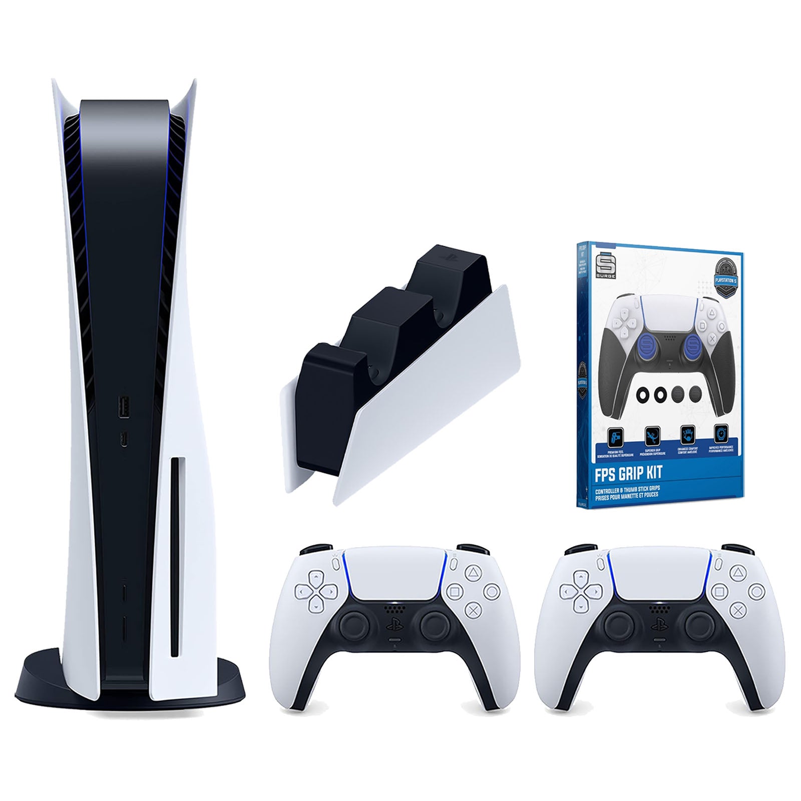 Sony Playstation 5 Disc Version Console with Extra White Controller, DualSense Charging Station and Surge FPS Grip Kit With Precision Aiming Rings Bundle - Pro-Distributing