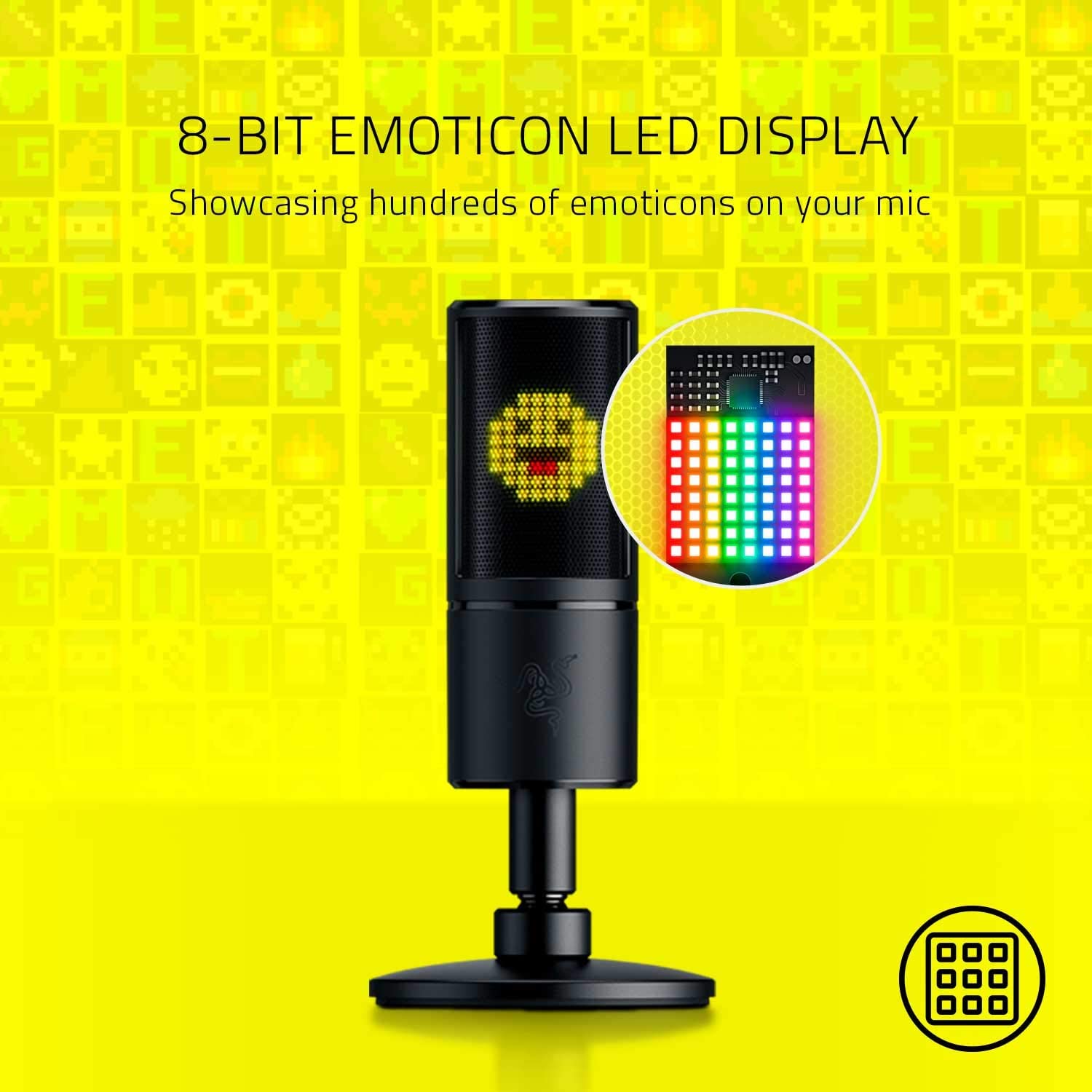 Razer Seiren Emote Streaming Microphone: 8-bit Emoticon LED Display, Stream Reactive Emoticons, Hypercardioid Condenser Mic, Built-in Shock Mount, Height & Angle Adjustable Stand, Classic Black - Pro-Distributing