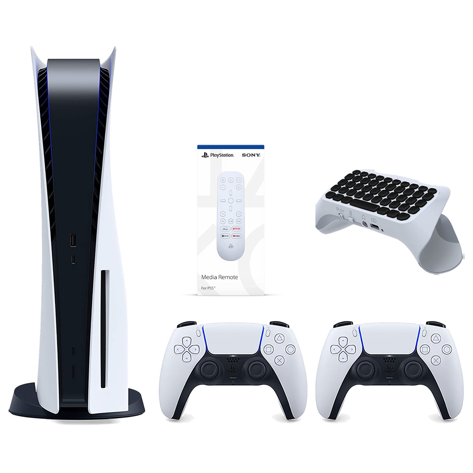 Sony Playstation 5 Disc Version Console with Extra White Controller, Media Remote and Surge QuickType 2.0 Wireless PS5 Controller Keypad Bundle - Pro-Distributing