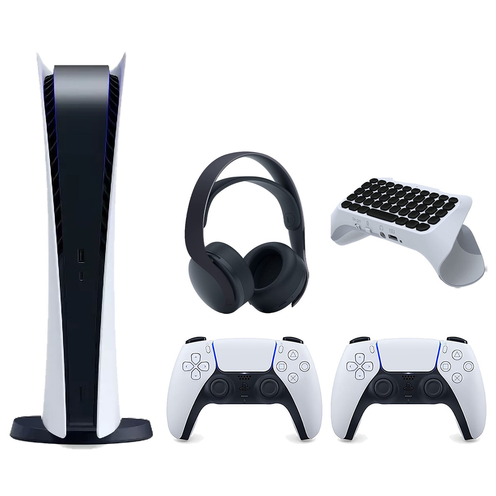 Sony Playstation 5 Digital Edition Console with Extra White Controller, Black PULSE 3D Headset and Surge QuickType 2.0 Wireless PS5 Controller Keypad Bundle - Pro-Distributing