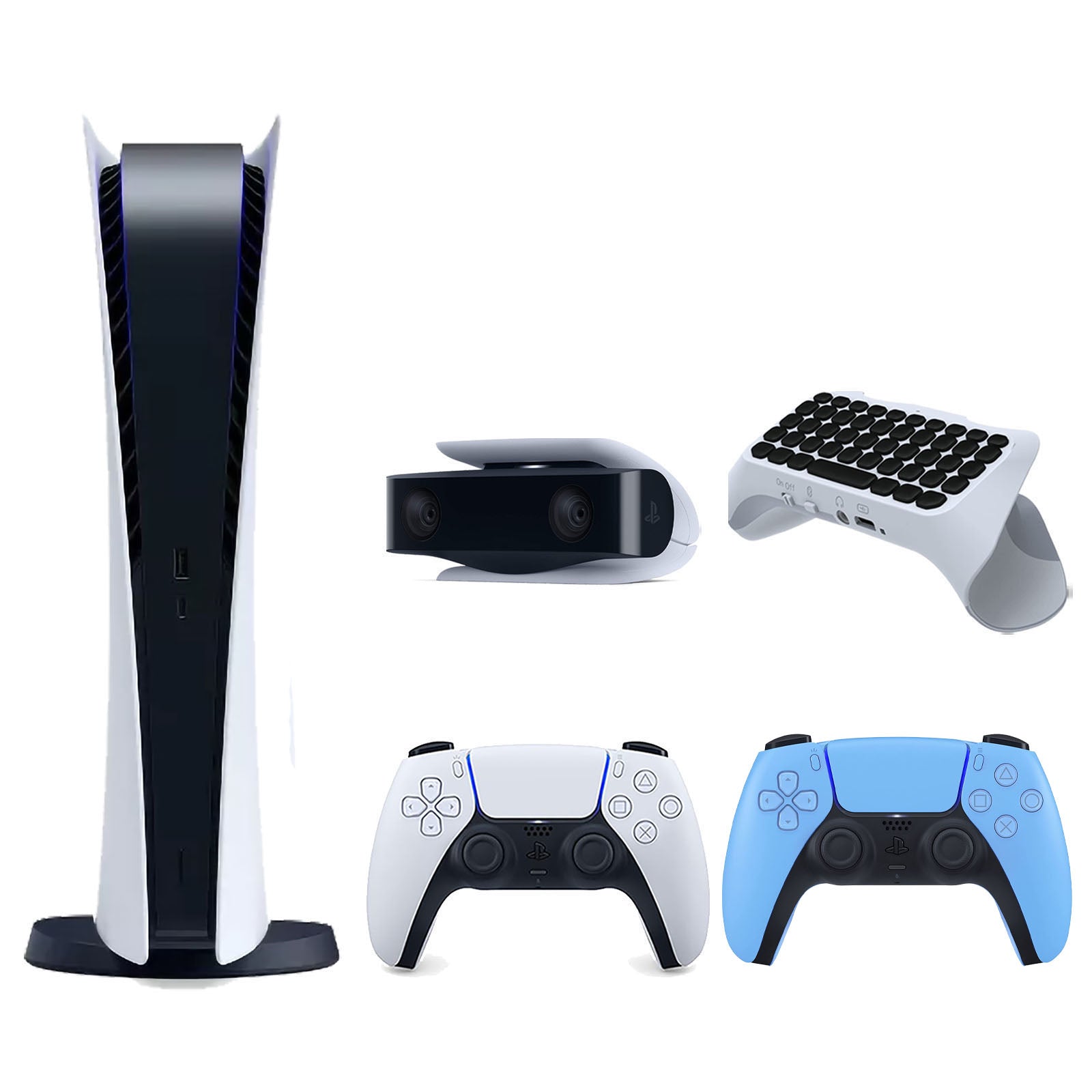 Sony Playstation 5 Digital Edition Console with Extra Blue Controller, 1080p HD Camera and Surge QuickType 2.0 Wireless PS5 Controller Keypad Bundle - Pro-Distributing