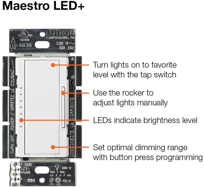 5 Pack Lutron MACL-153M-WH White Maestro C.L Dimmer Switch for Dimmable LED, Halogen & Incandescent Bulbs, Single-Pole or Multi-Location - Pro-Distributing