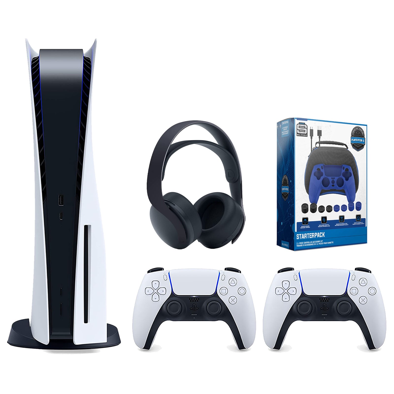 Sony Playstation 5 Disc Version Console with Extra White Controller, Black PULSE 3D Headset and Surge Pro Gamer Starter Pack 11-Piece Accessory Bundle - Pro-Distributing