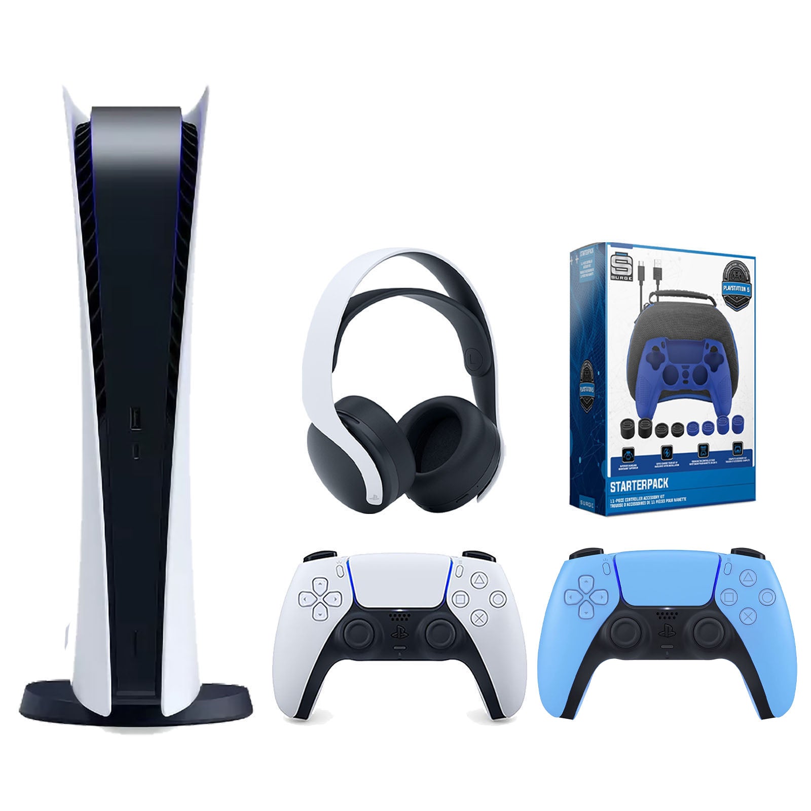Sony Playstation 5 Digital Edition Console with Extra Blue Controller, White PULSE 3D Headset and Surge Pro Gamer Starter Pack 11-Piece Accessory Bundle - Pro-Distributing