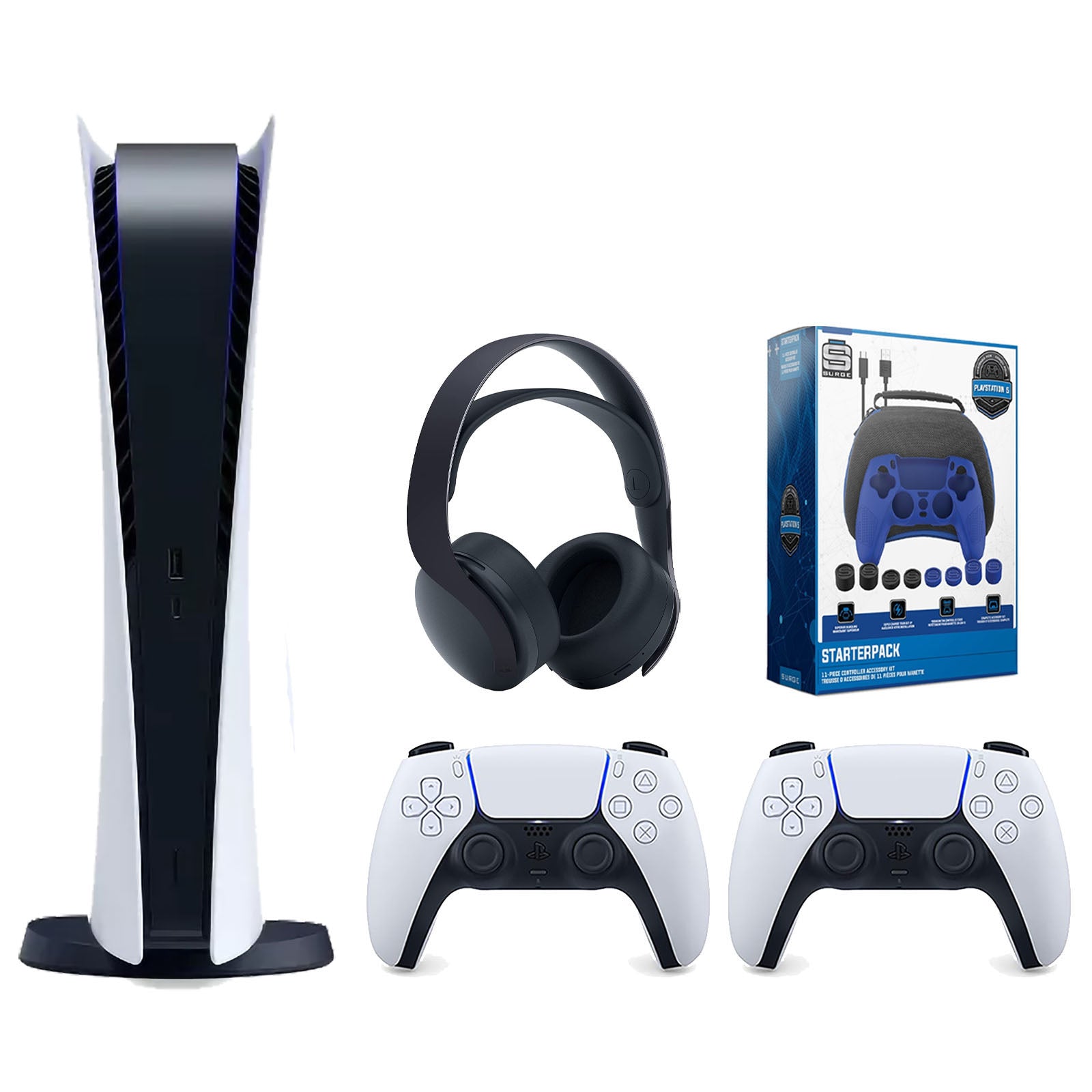 Sony Playstation 5 Digital Edition Console with Extra White Controller, Black PULSE 3D Headset and Surge Pro Gamer Starter Pack 11-Piece Accessory Bundle - Pro-Distributing