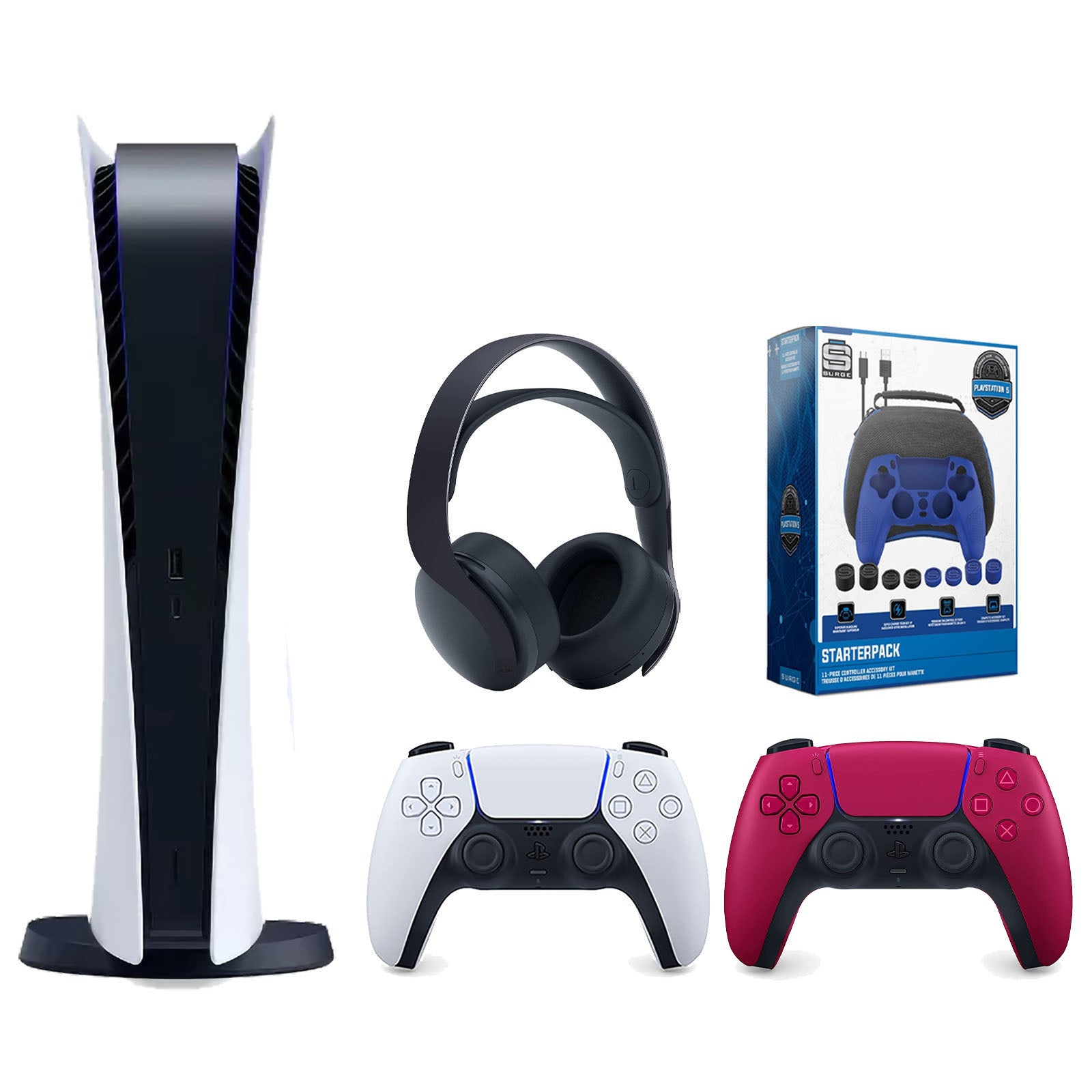 Sony Playstation 5 Digital Edition Console with Extra Red Controller, Black PULSE 3D Headset and Surge Pro Gamer Starter Pack 11-Piece Accessory Bundle - Pro-Distributing
