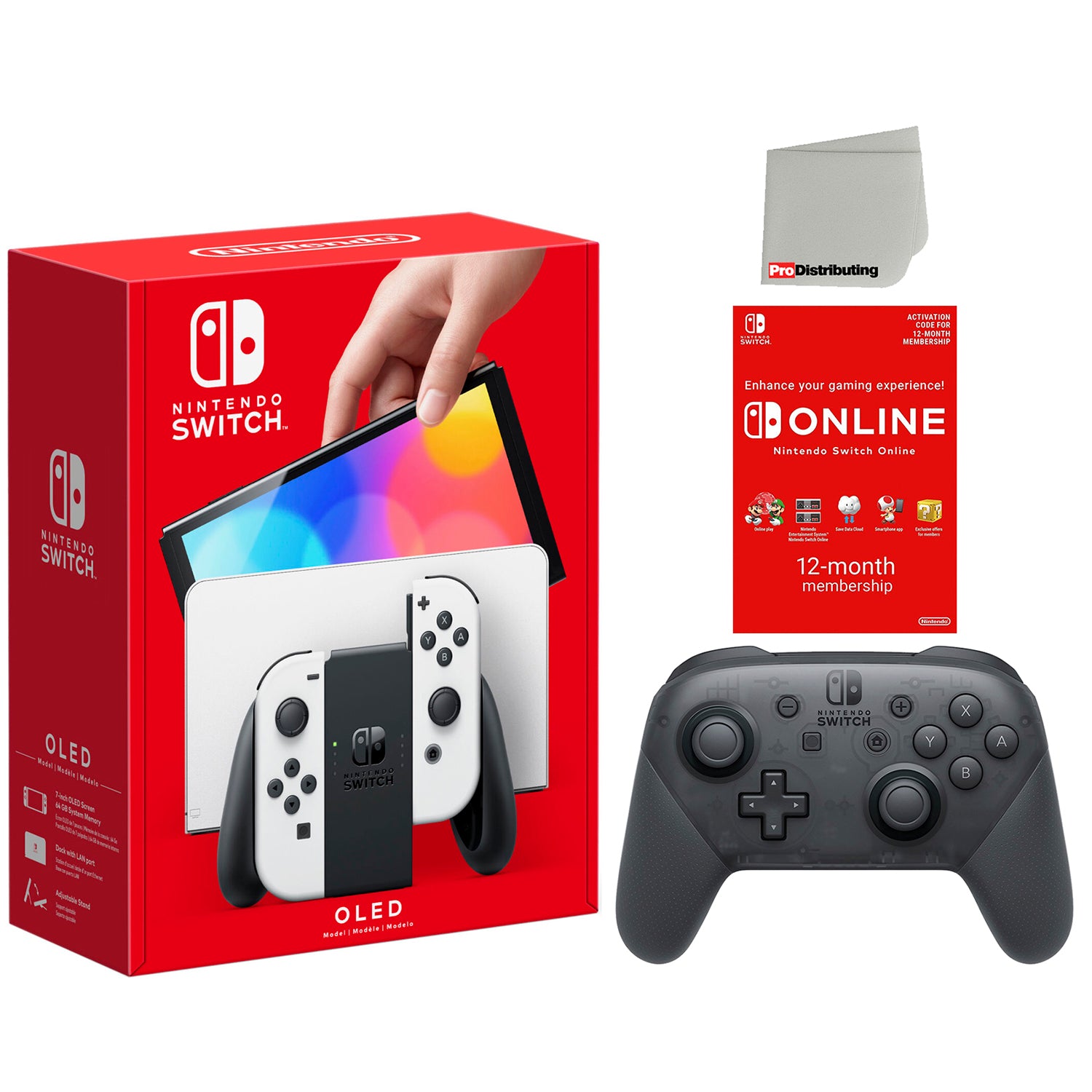Nintendo Switch OLED 64GB Console White Joy-Con Bundle with Online 12 Month Family Membership, Pro Controller and Cleaning Cloth - Pro-Distributing