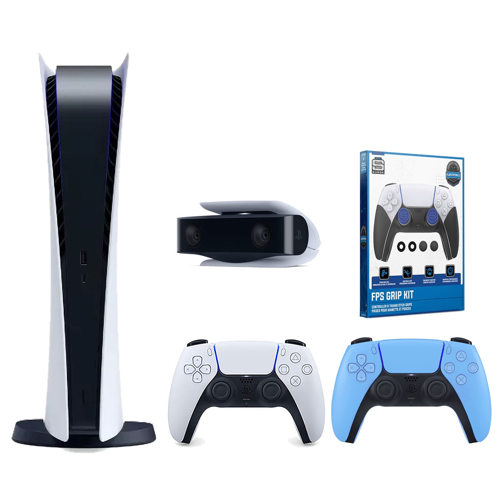 Sony Playstation 5 Digital Edition Console with Extra Blue Controller, 1080p HD Camera and Surge FPS Grip Kit With Precision Aiming Rings Bundle - Pro-Distributing