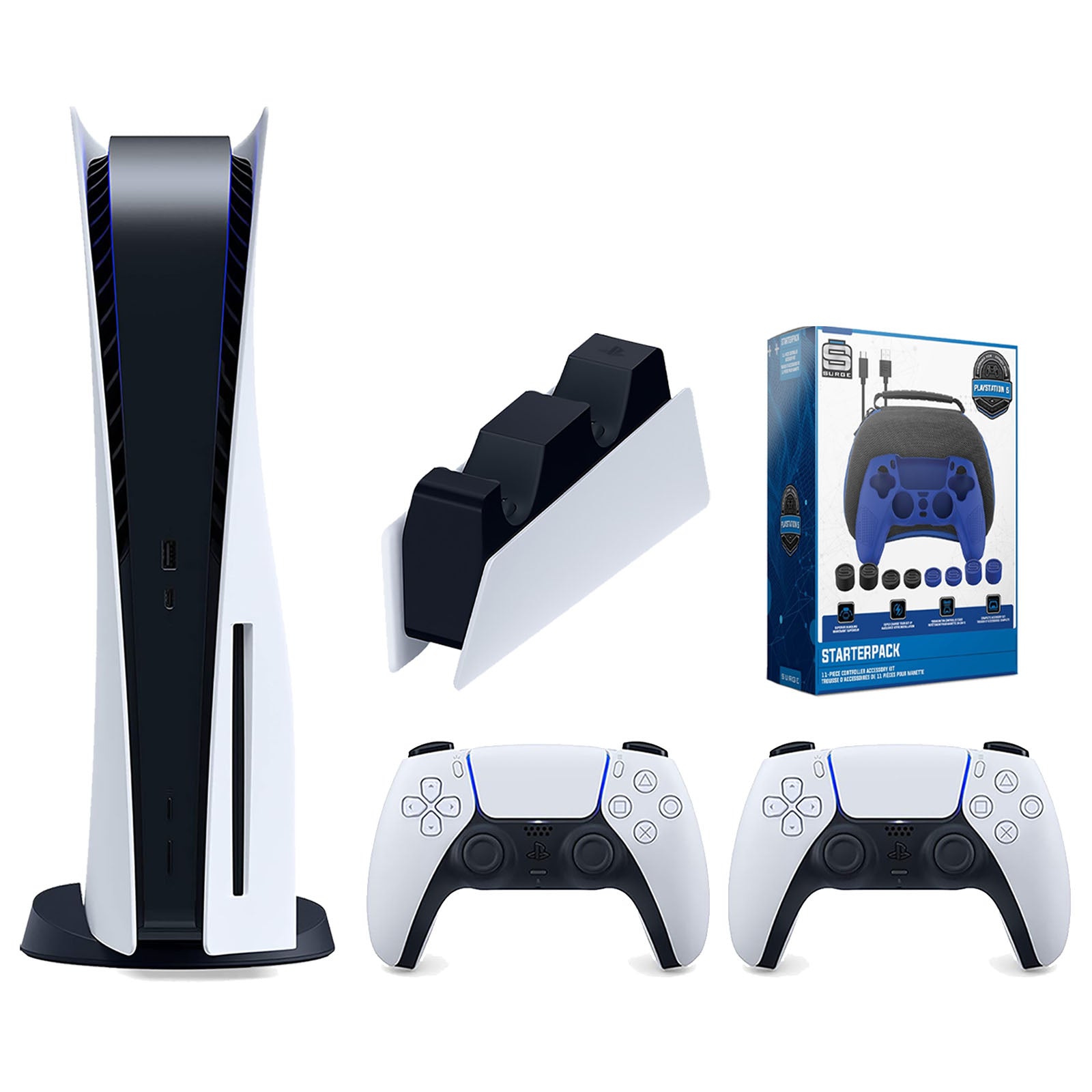 Sony Playstation 5 Disc Version Console with Extra White Controller, DualSense Charging Station and Surge Pro Gamer Starter Pack 11-Piece Accessory Bundle - Pro-Distributing