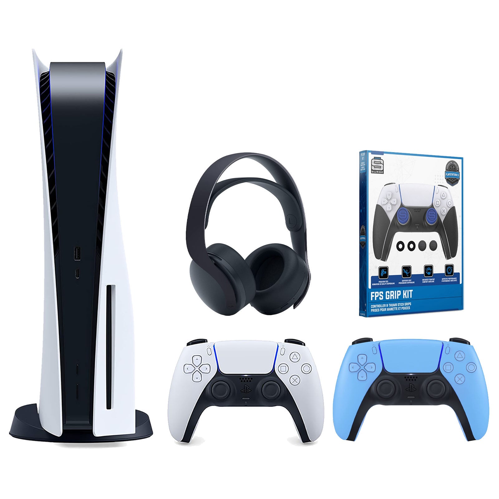 Sony Playstation 5 Disc Version Console with Extra Blue Controller, Black PULSE 3D Headset and Surge FPS Grip Kit With Precision Aiming Rings Bundle - Pro-Distributing