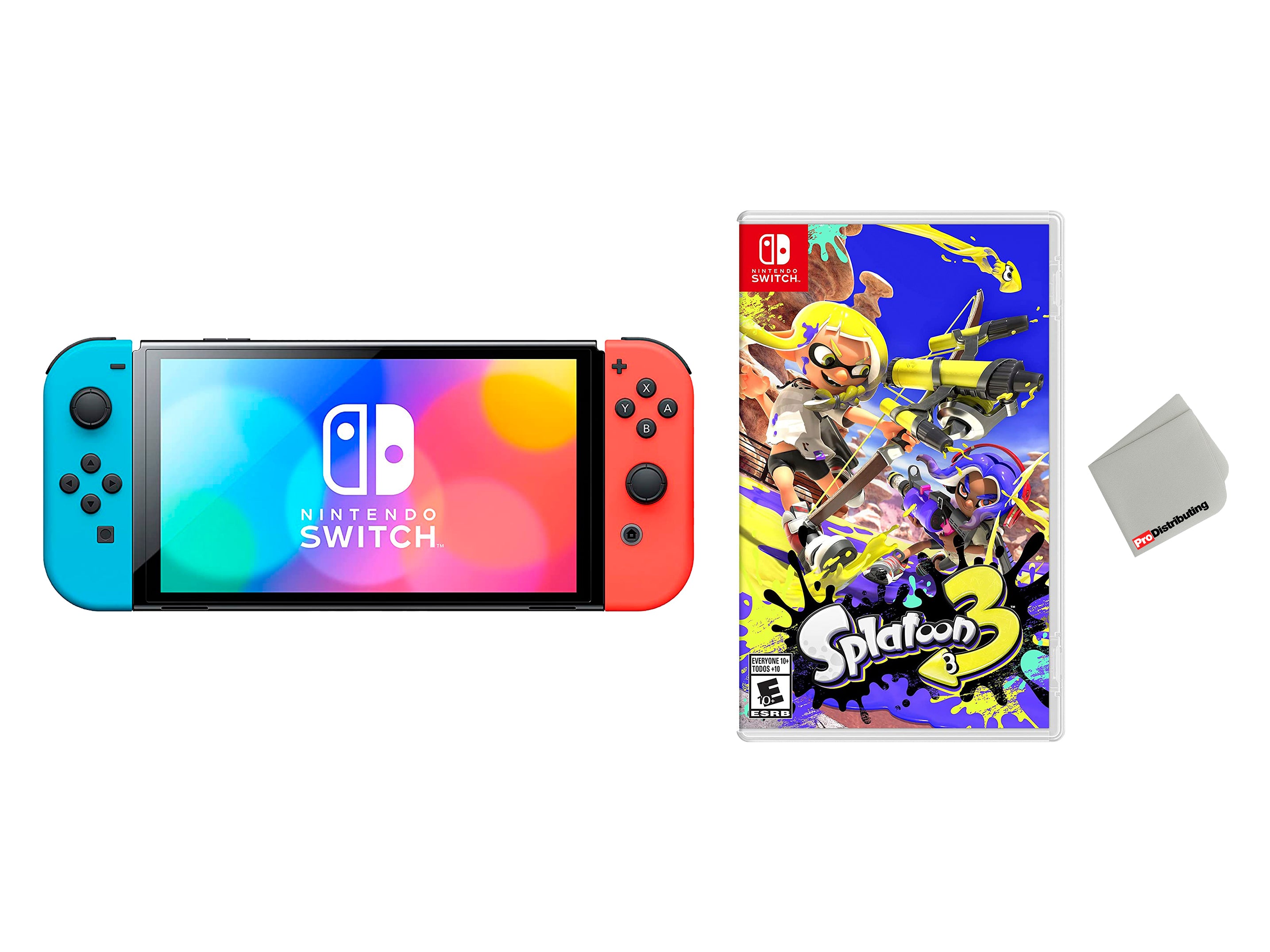 Nintendo Switch 64GB OLED Console Neon Red and Blue Joy-Con Bundle with Splatoon 3 and PRO-DISTRIBUTING Cleaning Cloth - Pro-Distributing