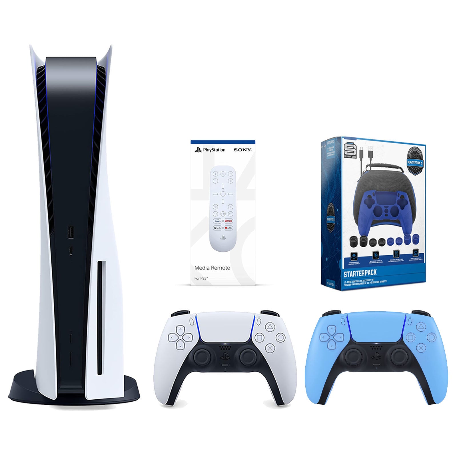 Sony Playstation 5 Disc Version Console with Extra Blue Controller, Media Remote and Surge Pro Gamer Starter Pack 11-Piece Accessory Bundle - Pro-Distributing