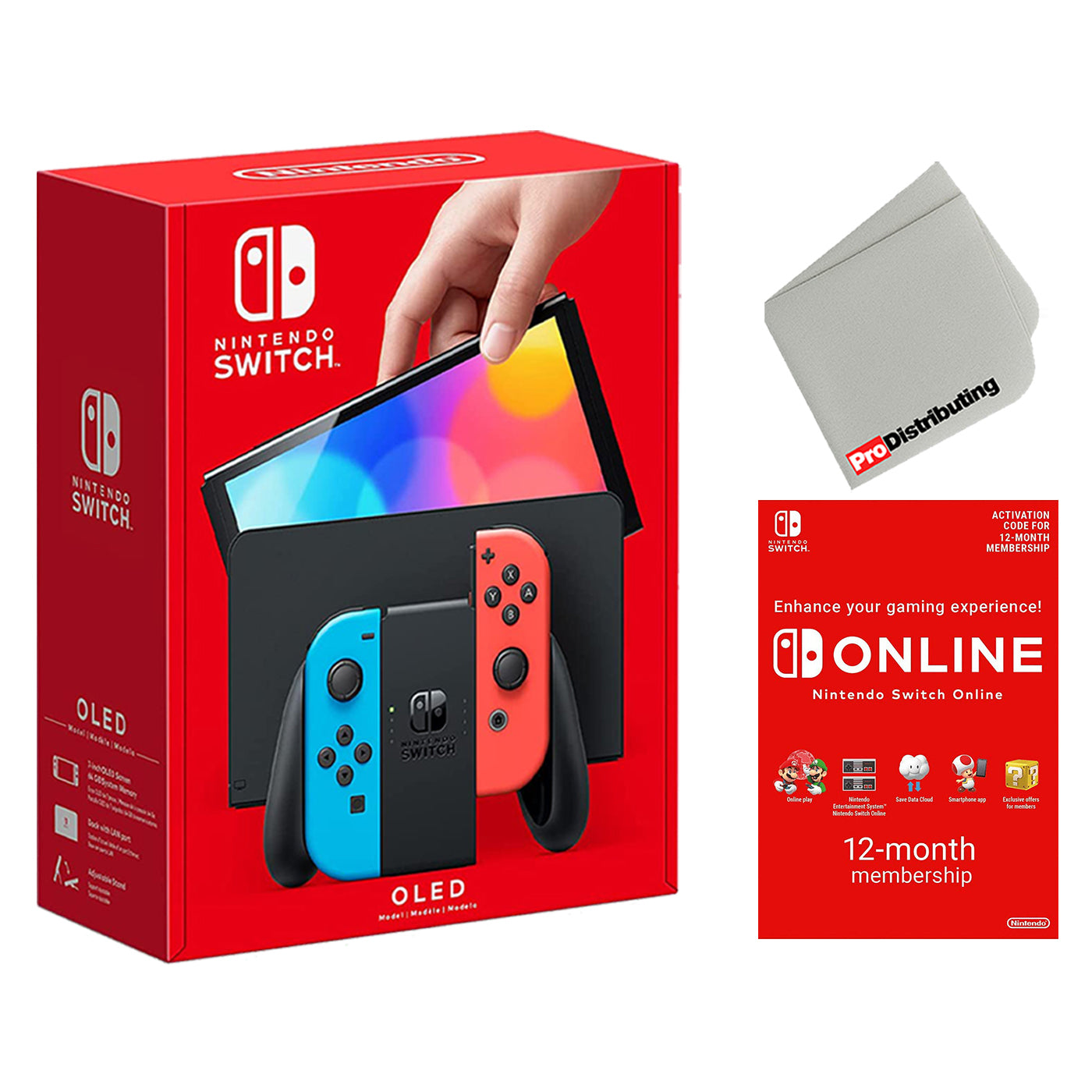 Nintendo Switch OLED 64GB Console Neon Red/Blue Joy-Con Bundle with Online 12 Month Family Membership and Microfiber Cleaning Cloth - Pro-Distributing