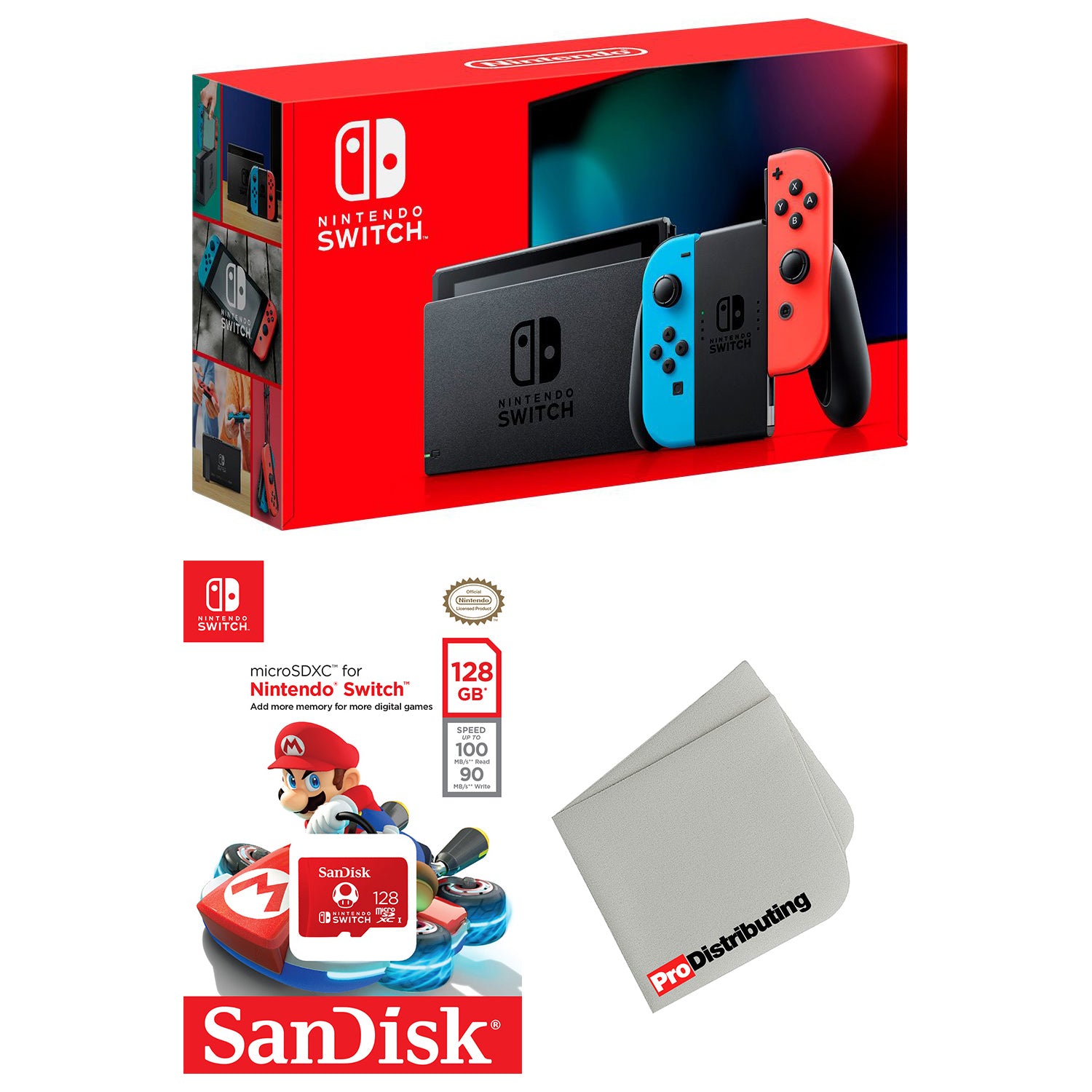 Nintendo Switch 32GB Console Neon with Sandisk 128GB MicroSD and Microfiber Cloth Bundle - Pro-Distributing