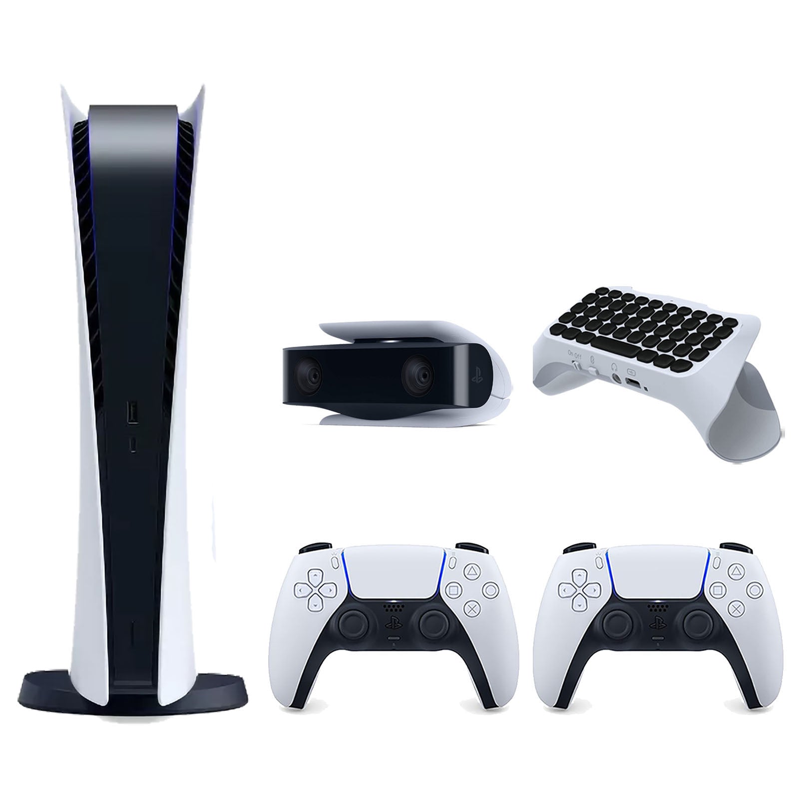 Sony Playstation 5 Digital Edition Console with Extra White Controller, 1080p HD Camera and Surge QuickType 2.0 Wireless PS5 Controller Keypad Bundle - Pro-Distributing