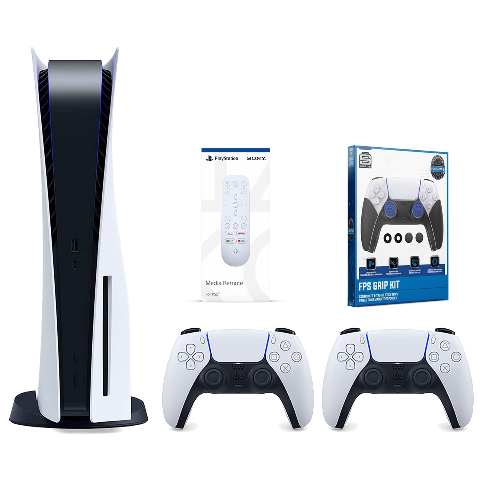 Sony Playstation 5 Disc Version Console with Extra White Controller, Media Remote and Surge FPS Grip Kit With Precision Aiming Rings Bundle - Pro-Distributing