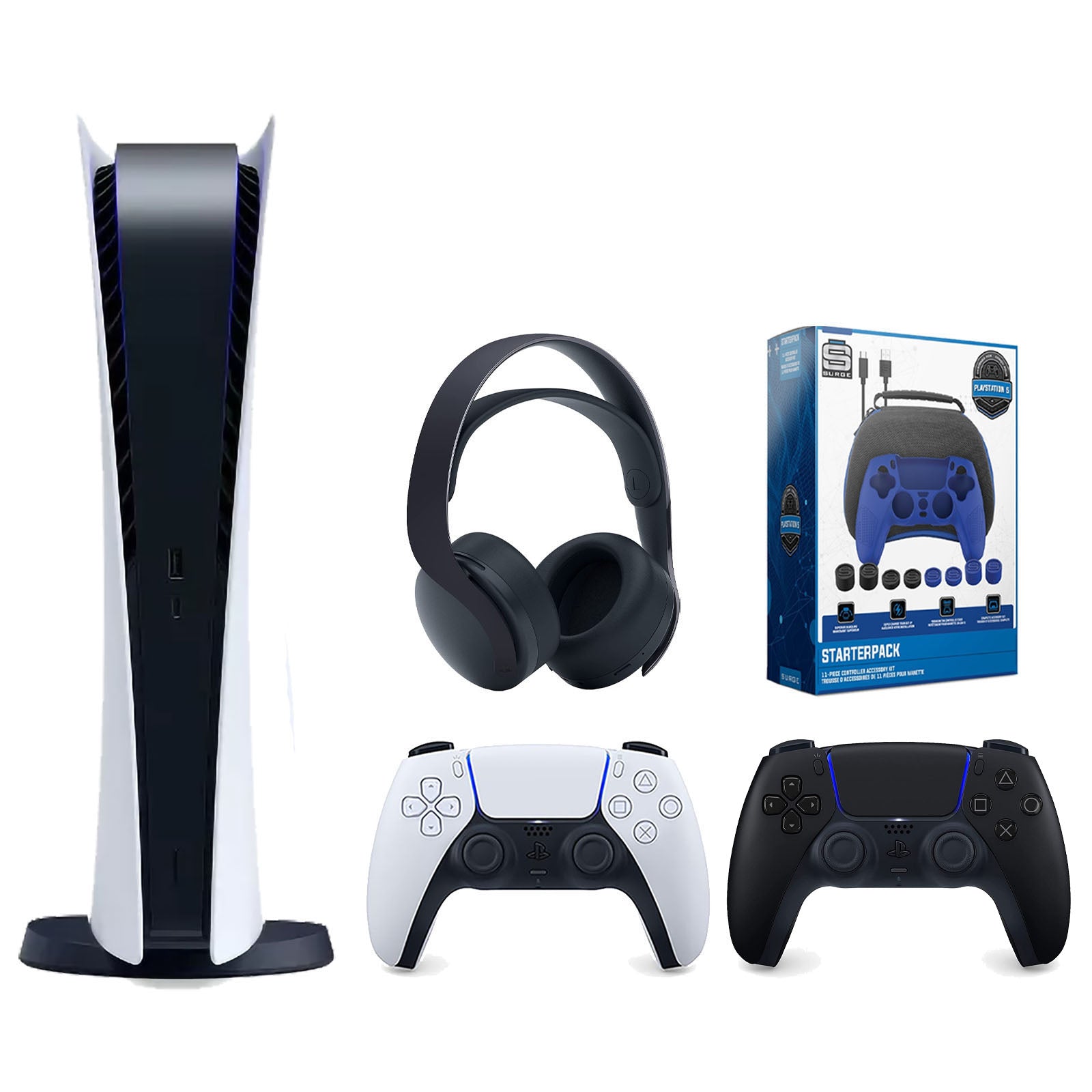 Sony Playstation 5 Digital Edition Console with Extra Black Controller, Black PULSE 3D Headset and Surge Pro Gamer Starter Pack 11-Piece Accessory Bundle - Pro-Distributing