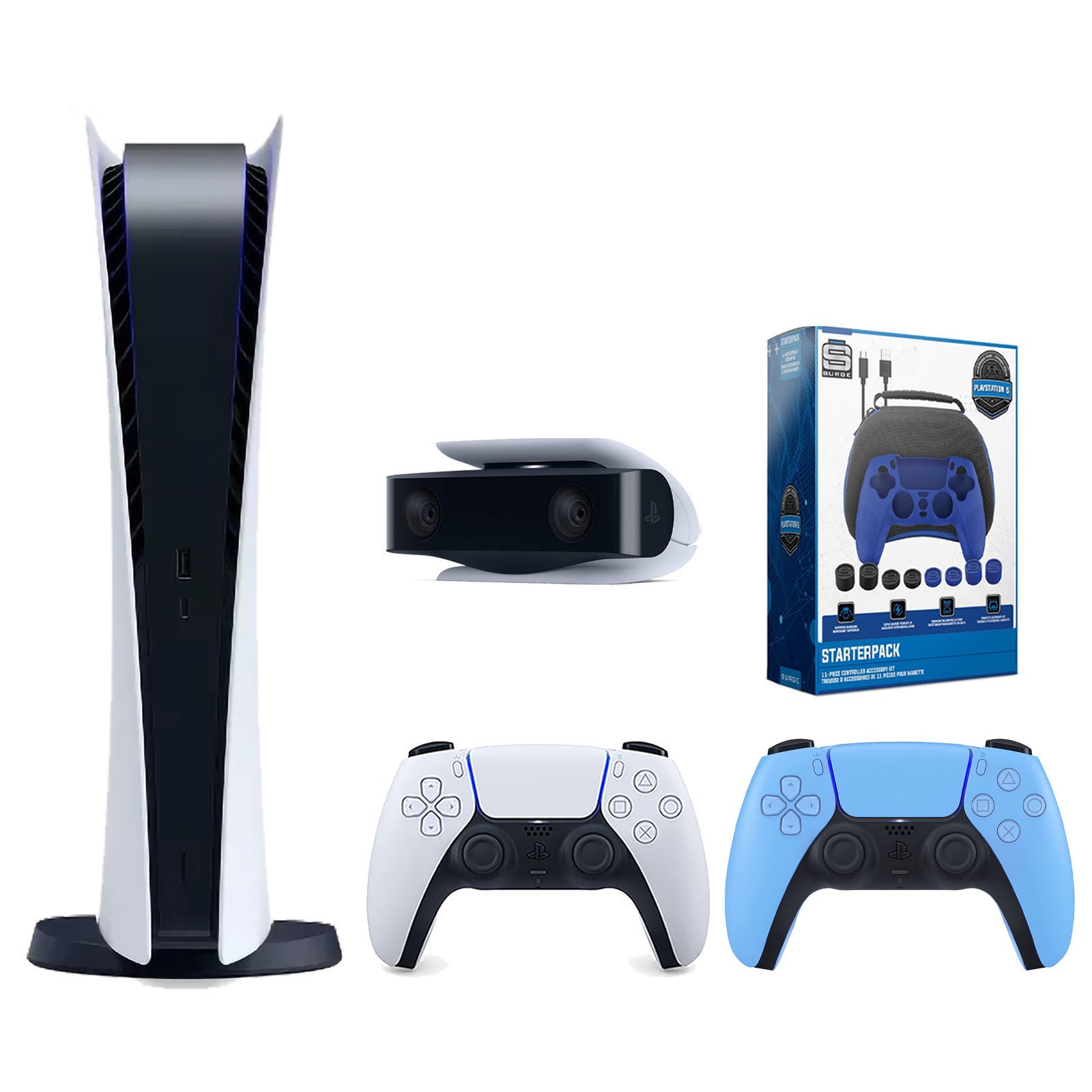 Sony Playstation 5 Digital Edition Console with Extra Blue Controller, 1080p HD Camera and Surge Pro Gamer Starter Pack 11-Piece Accessory Bundle - Pro-Distributing