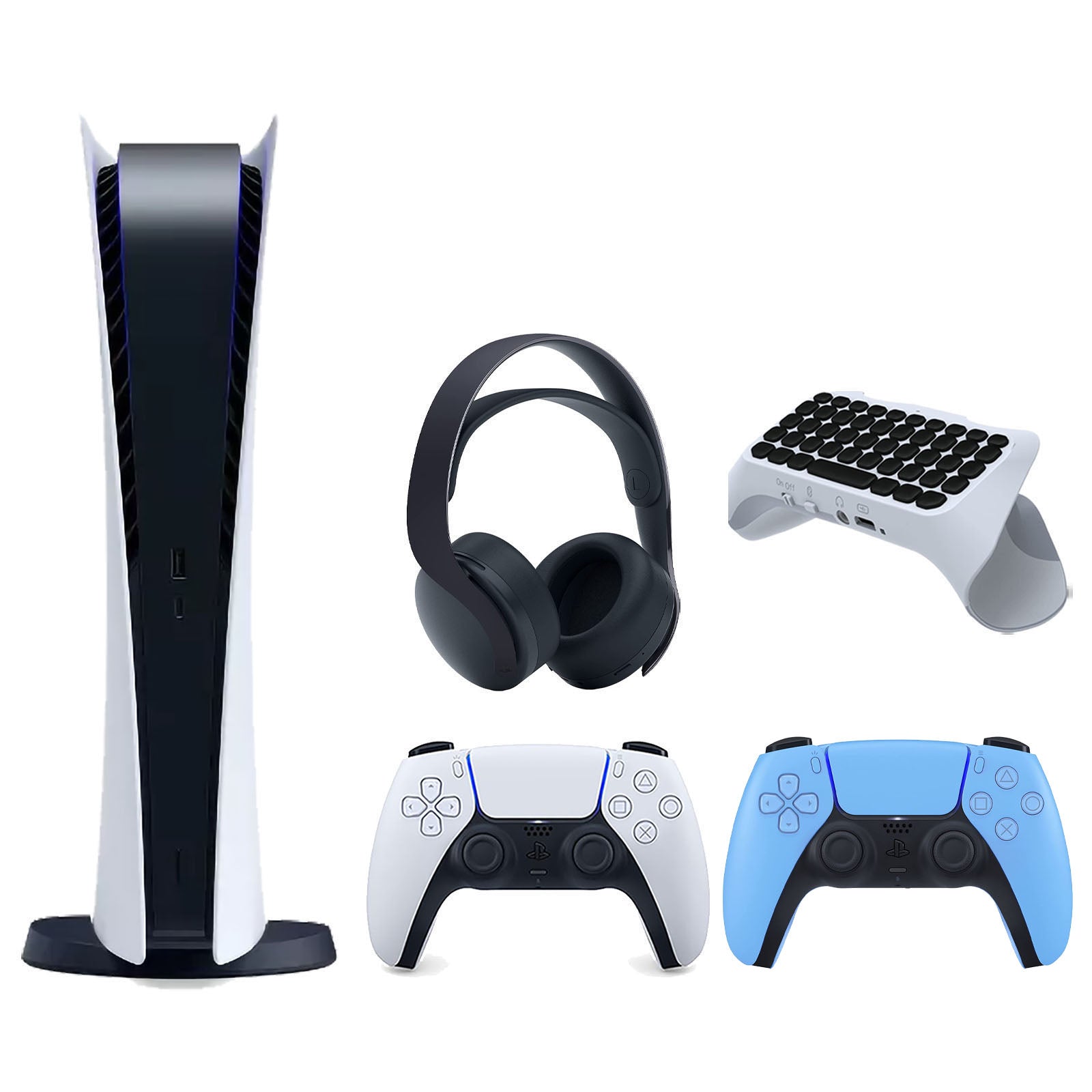 Sony Playstation 5 Digital Edition Console with Extra Blue Controller, Black PULSE 3D Headset and Surge QuickType 2.0 Wireless PS5 Controller Keypad Bundle - Pro-Distributing