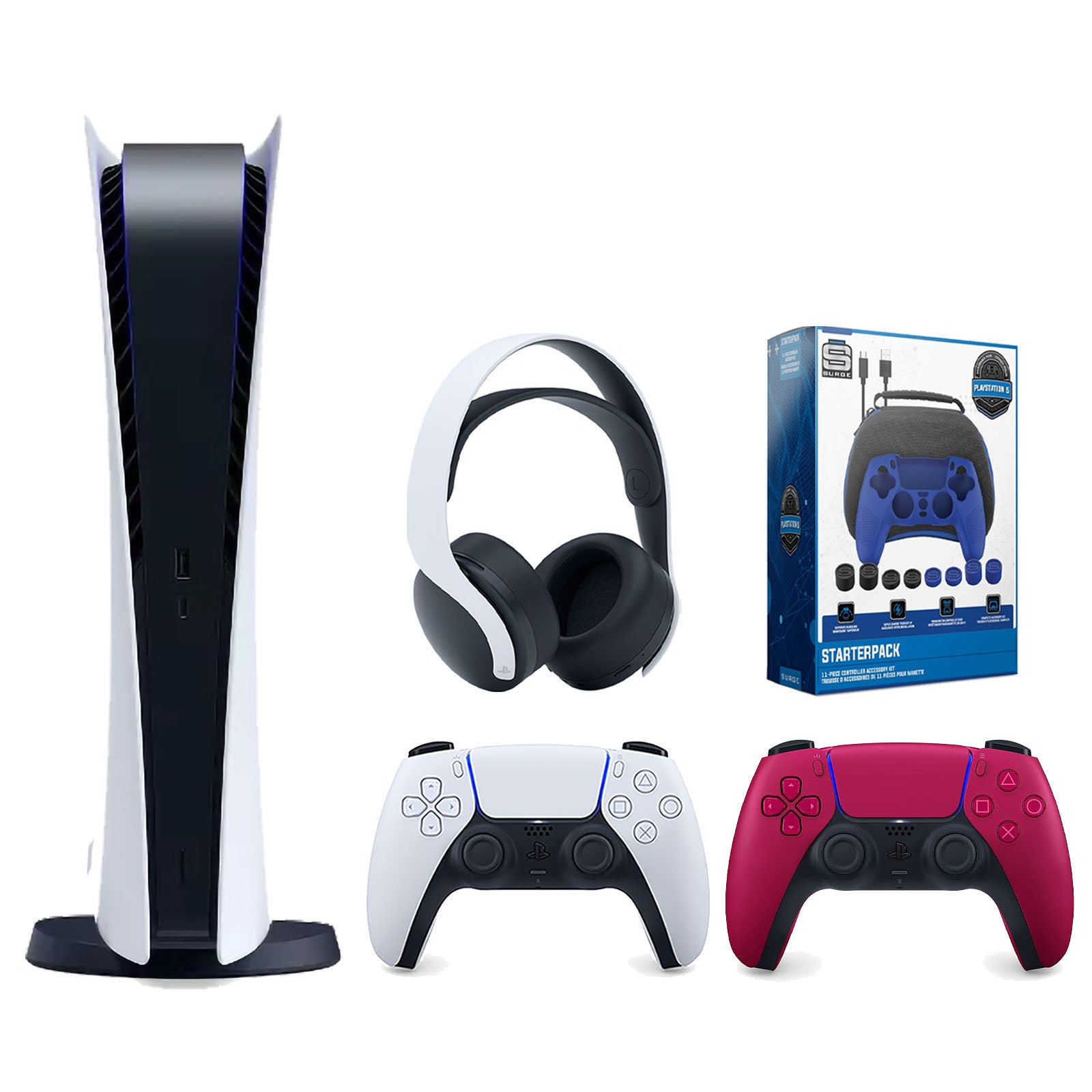 Sony Playstation 5 Digital Edition Console with Extra Red Controller, White PULSE 3D Headset and Surge Pro Gamer Starter Pack 11-Piece Accessory Bundle - Pro-Distributing