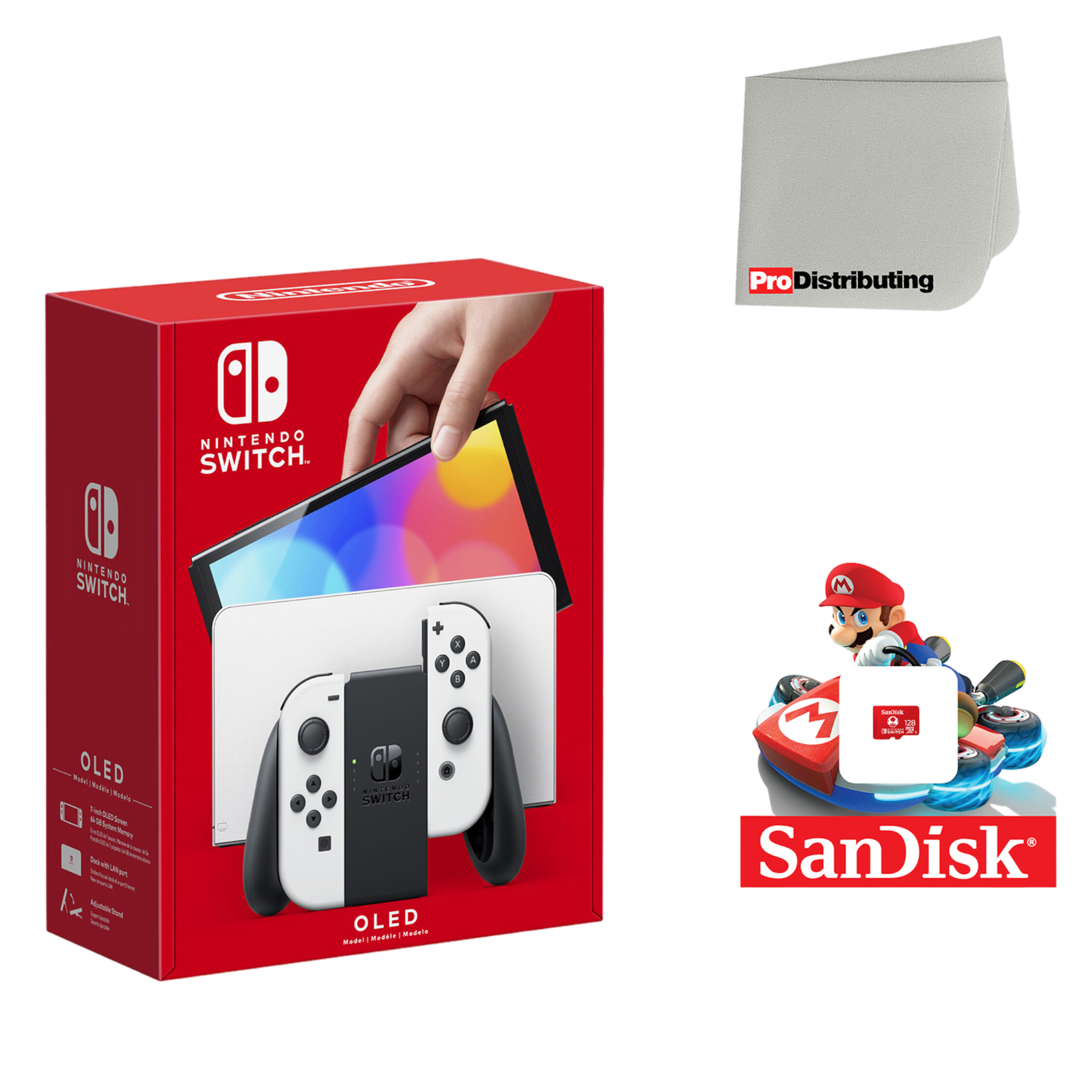 Nintendo Switch OLED Console White with Sandisk 128GB MicroSD Card and Screen Cleaning Cloth - Pro-Distributing