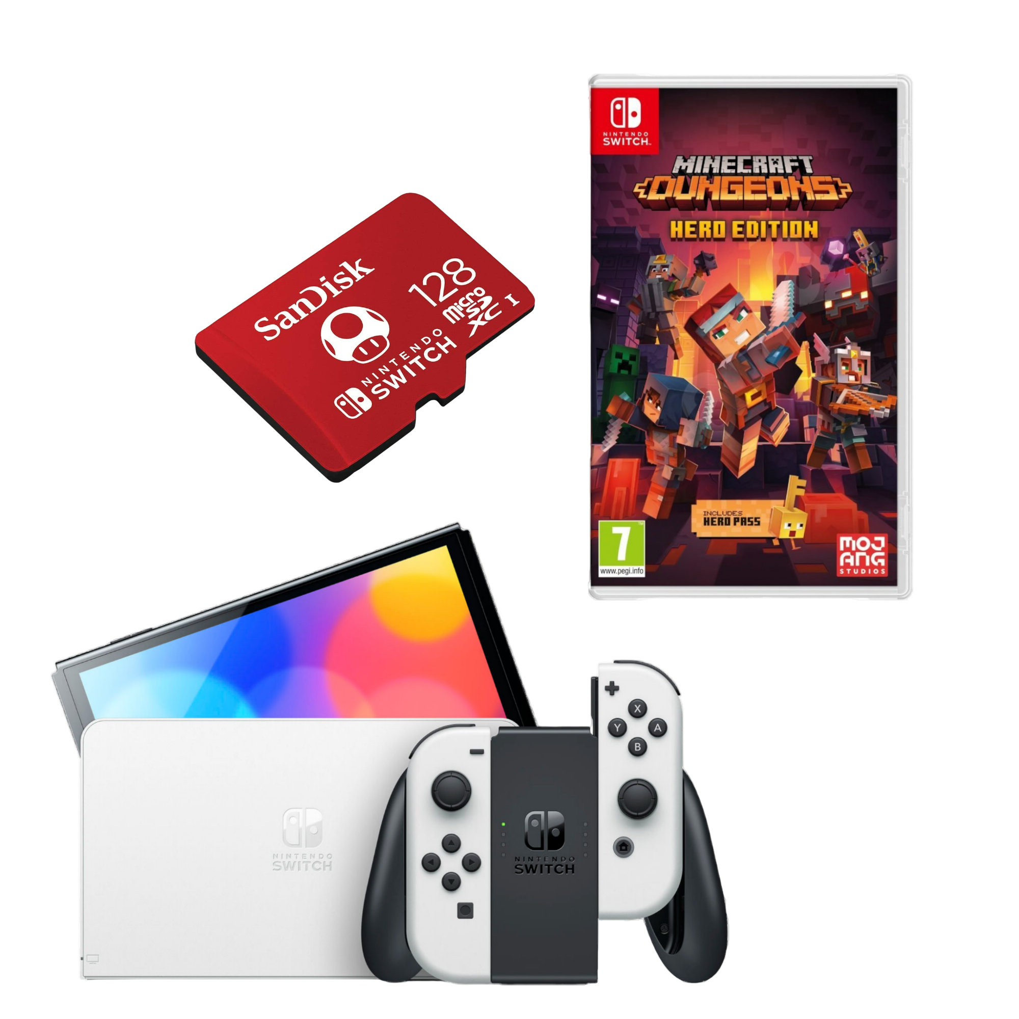 Nintendo Switch OLED Console White with Sandisk 128GB MicroSD Card, Minecraft Dungeons Hero Edition and Screen Cleaning Cloth - Pro-Distributing