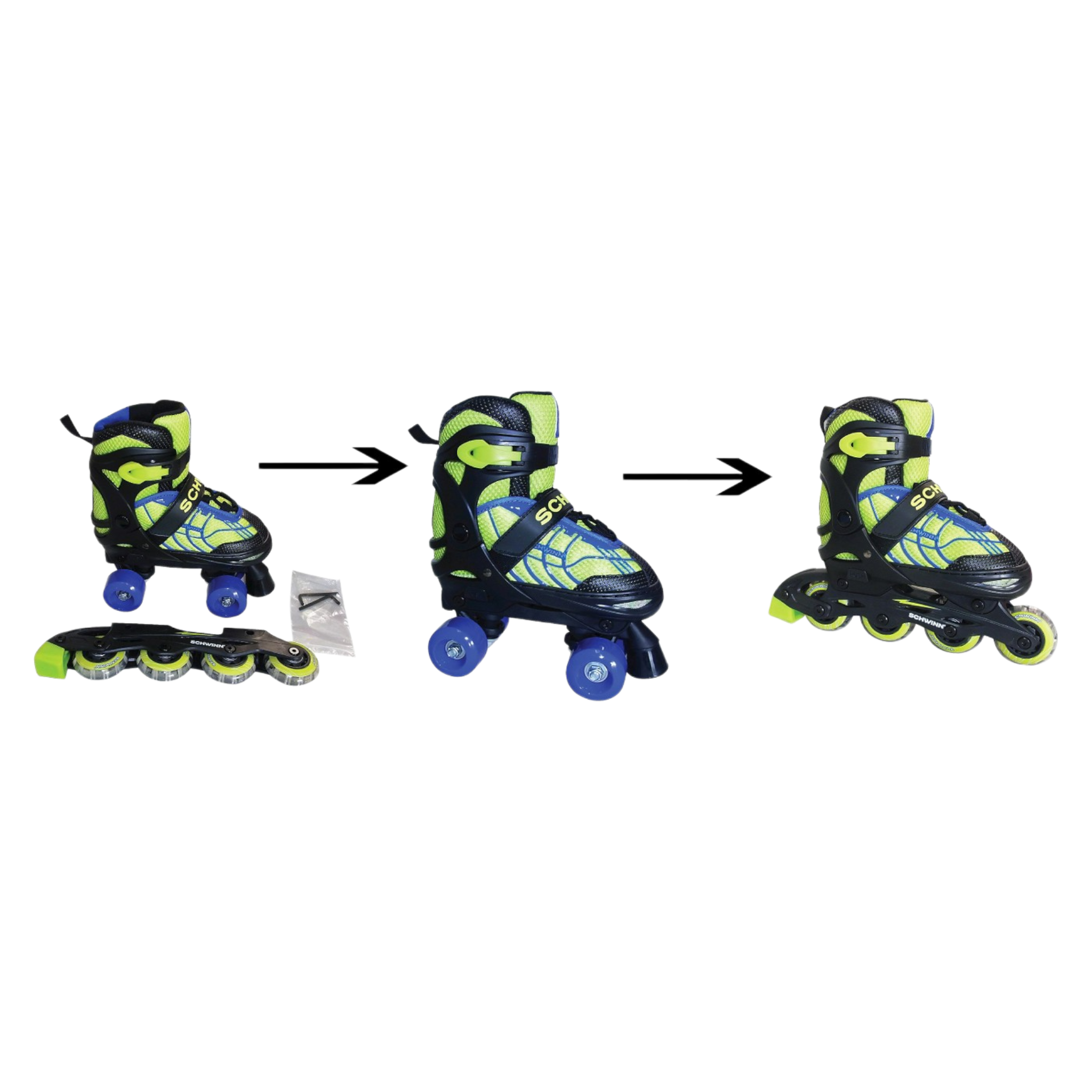 Schwinn Switcher Boys 2 in 1 Quad Skates and InLine Skates combo. Easily converts from Quad Skates to InLine Skates. Adjustable to fit sizes Kids sizes 1-4. Perfect childrens beginner roller skates. - Pro-Distributing