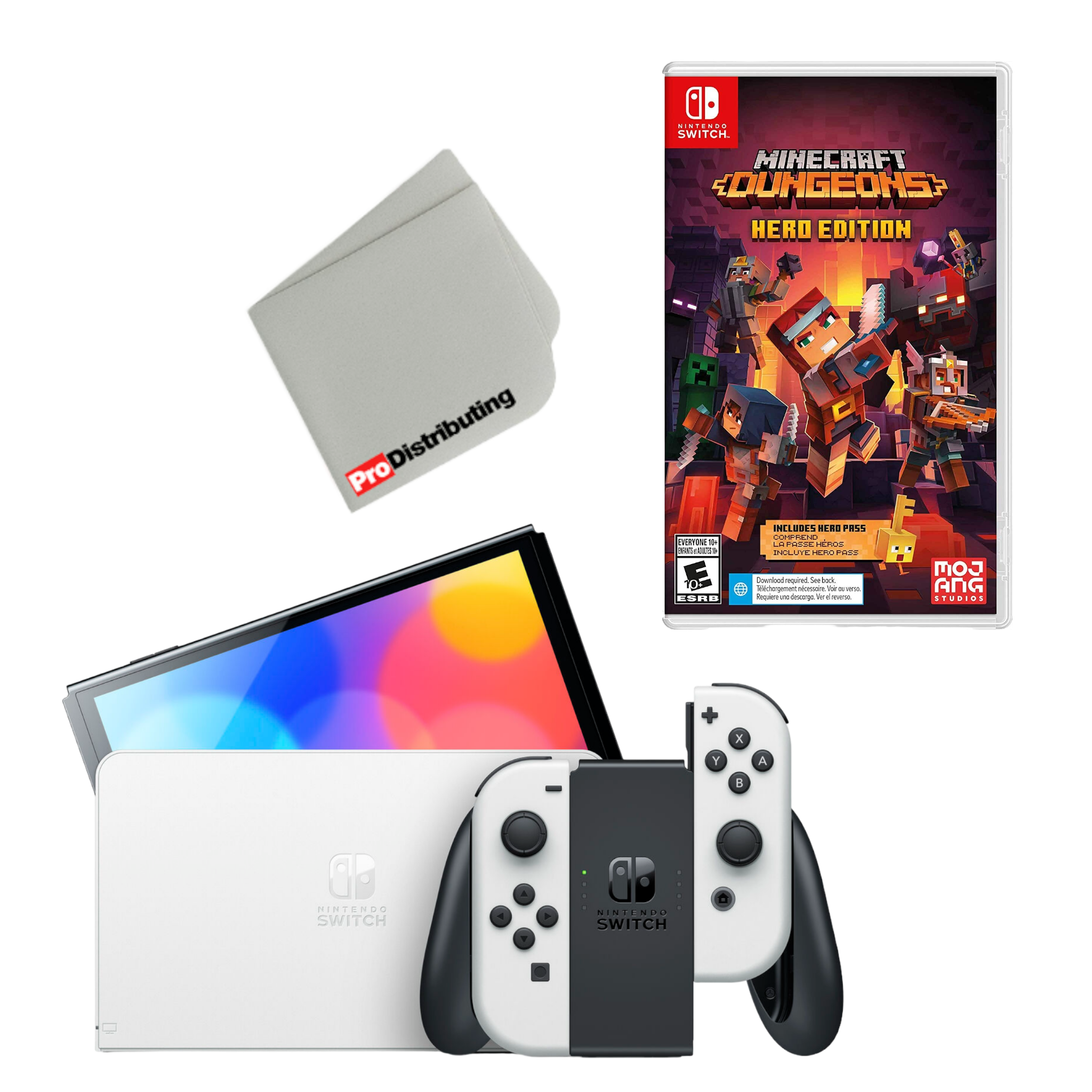 Nintendo Switch OLED Console White with Minecraft Dungeons Hero Edition and Screen Cleaning Cloth - Pro-Distributing