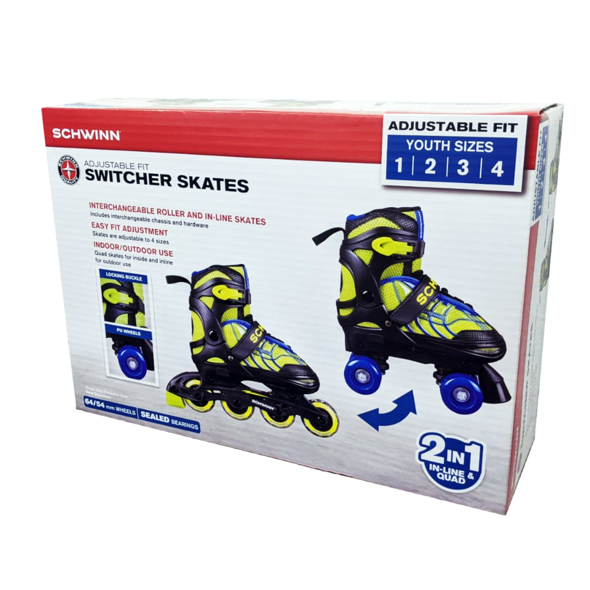 Schwinn Switcher Boys 2 in 1 Quad Skates and InLine Skates combo. Easily converts from Quad Skates to InLine Skates. Adjustable to fit sizes Kids sizes 1-4. Perfect childrens beginner roller skates. - Pro-Distributing