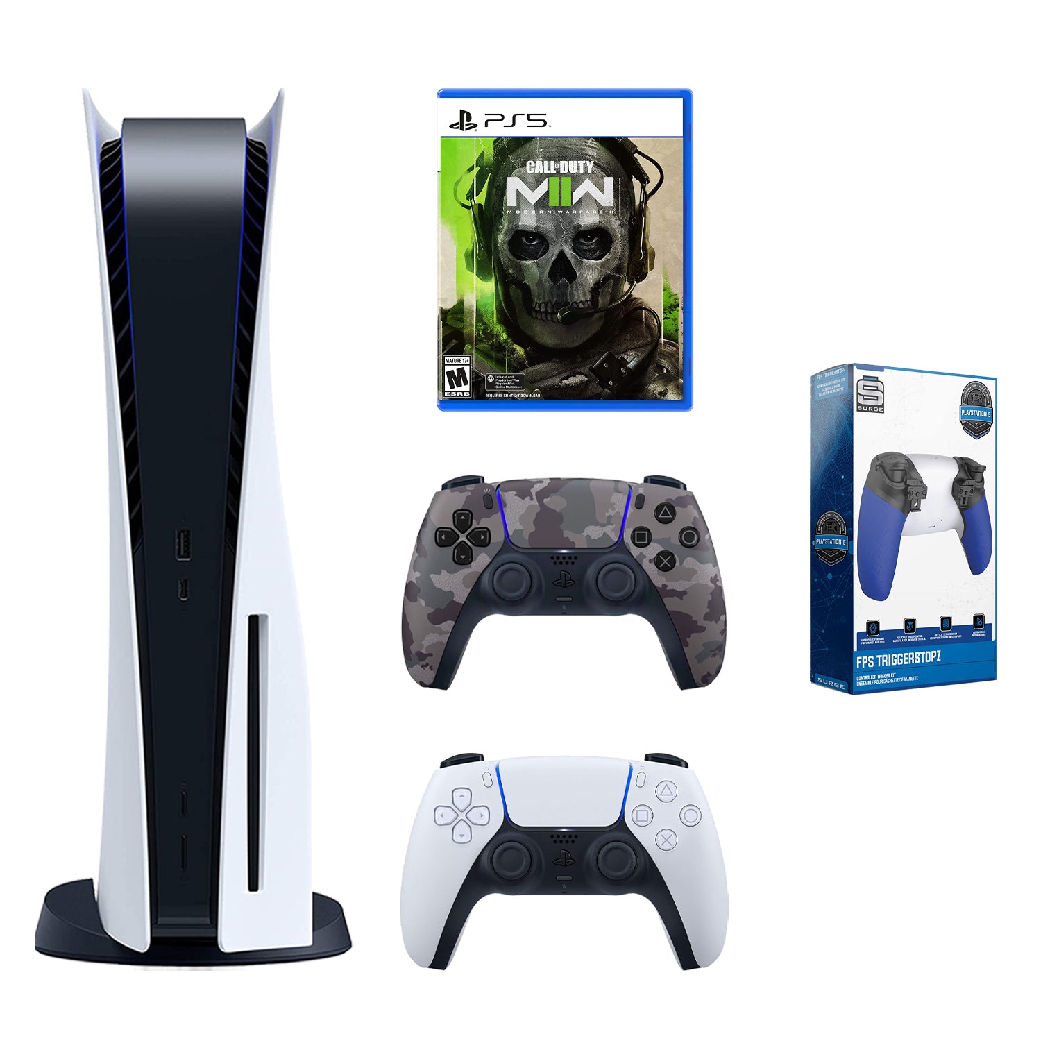 Sony Playstation 5 Disc Bundle with Extra Gray Camo Controller, Call of Duty: Modern Warfare II and Surge Trigger Kit - Pro-Distributing