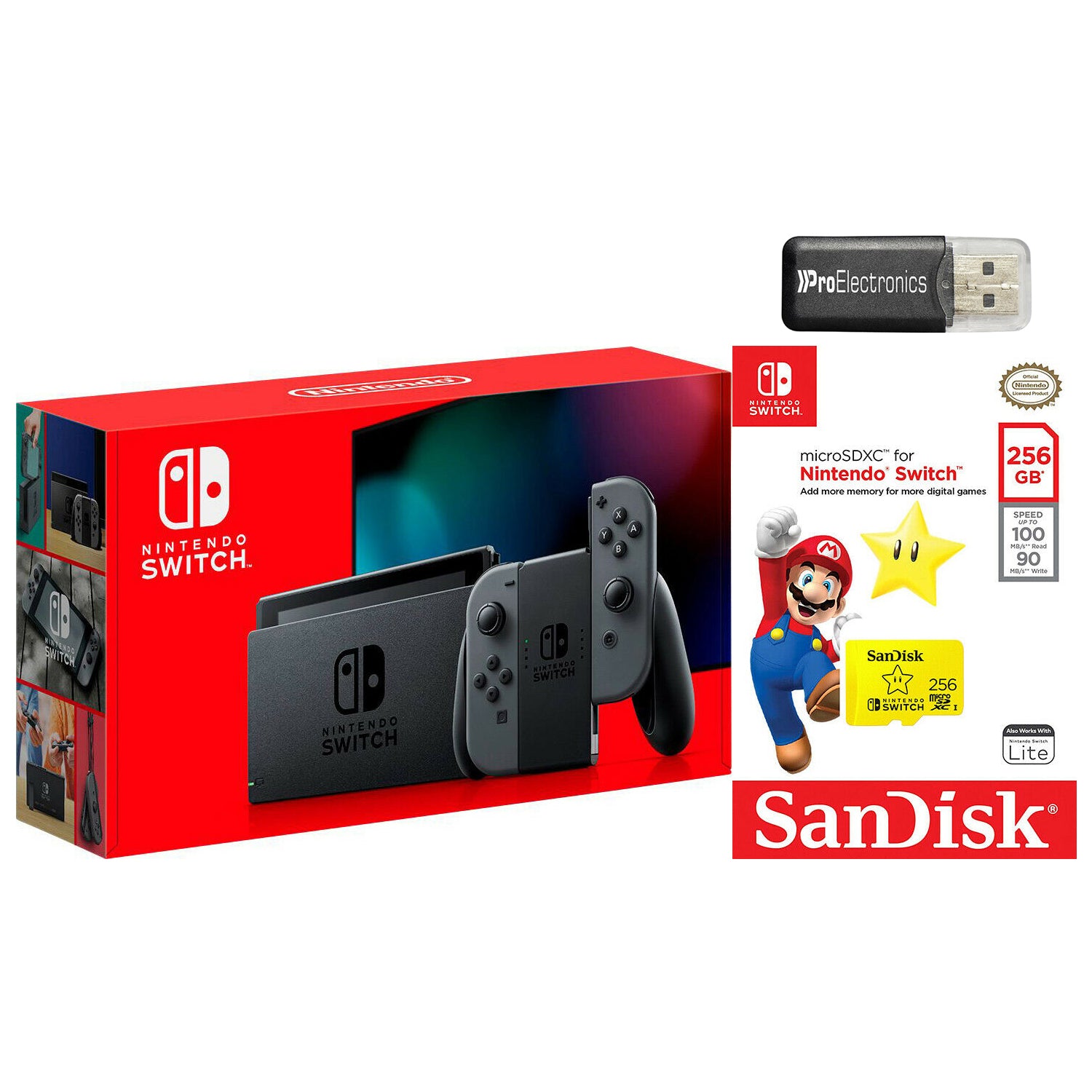 Nintendo Switch 32GB Gray Console with Sandisk 256GB MicroSD Card and MicroSD Card Reader Bundle - Pro-Distributing