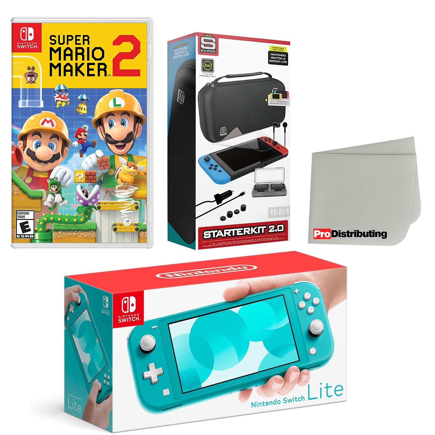 Nintendo Switch Lite Console Turquoise with Super Mario Maker 2, Accessory Starter Kit and Screen Cleaning Cloth Bundle - Pro-Distributing